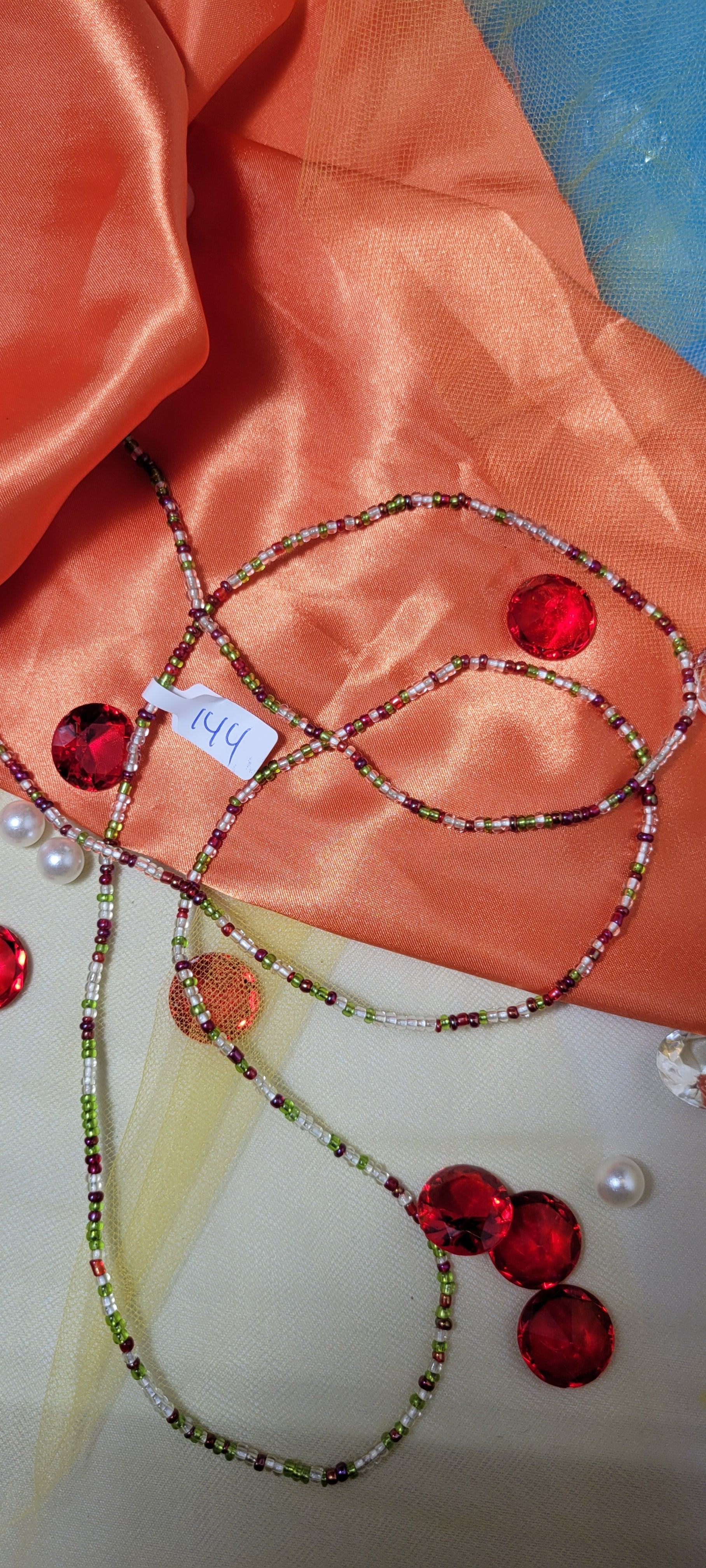 Dark Red, Clear and Shiny Green Waist Beads