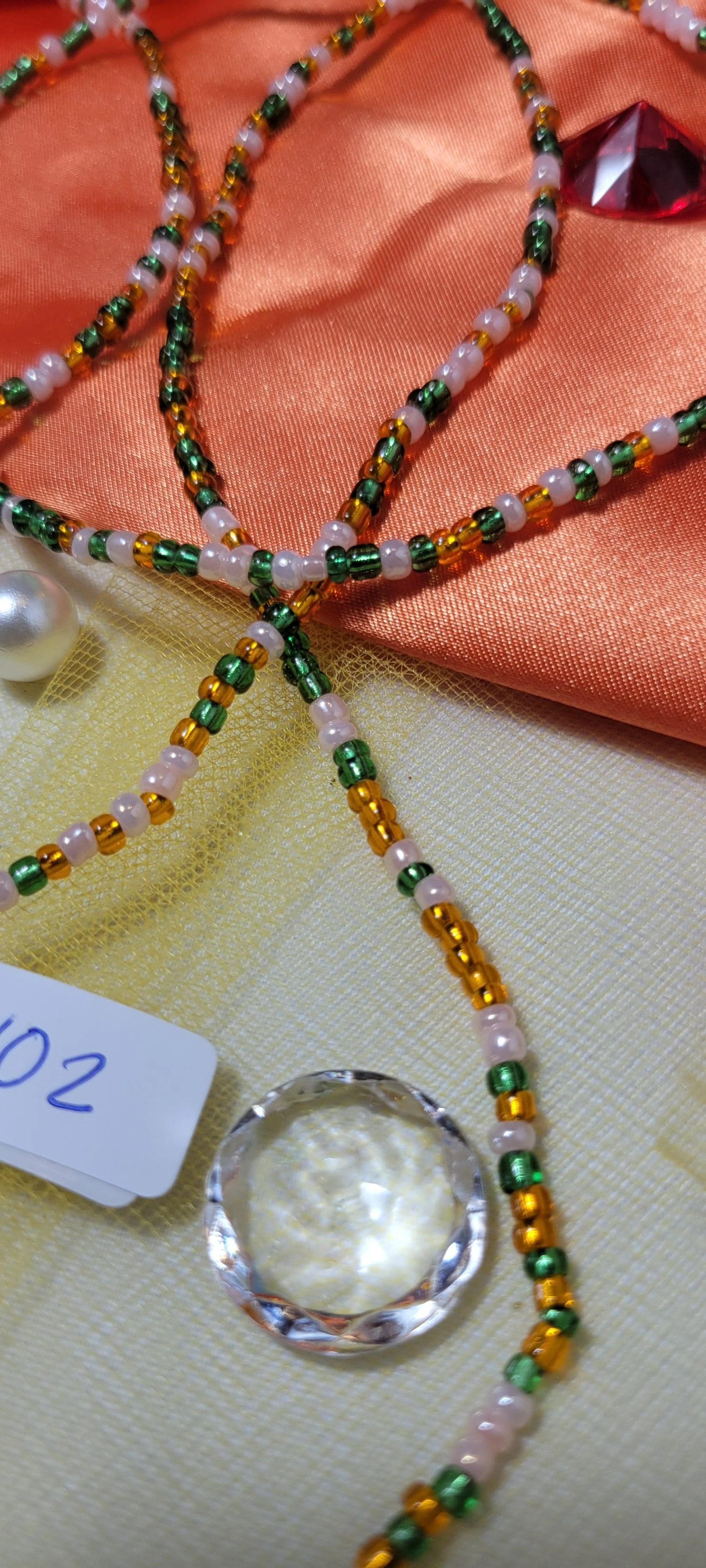 Green, Soft Pink and Shiny Gold Waist Beads