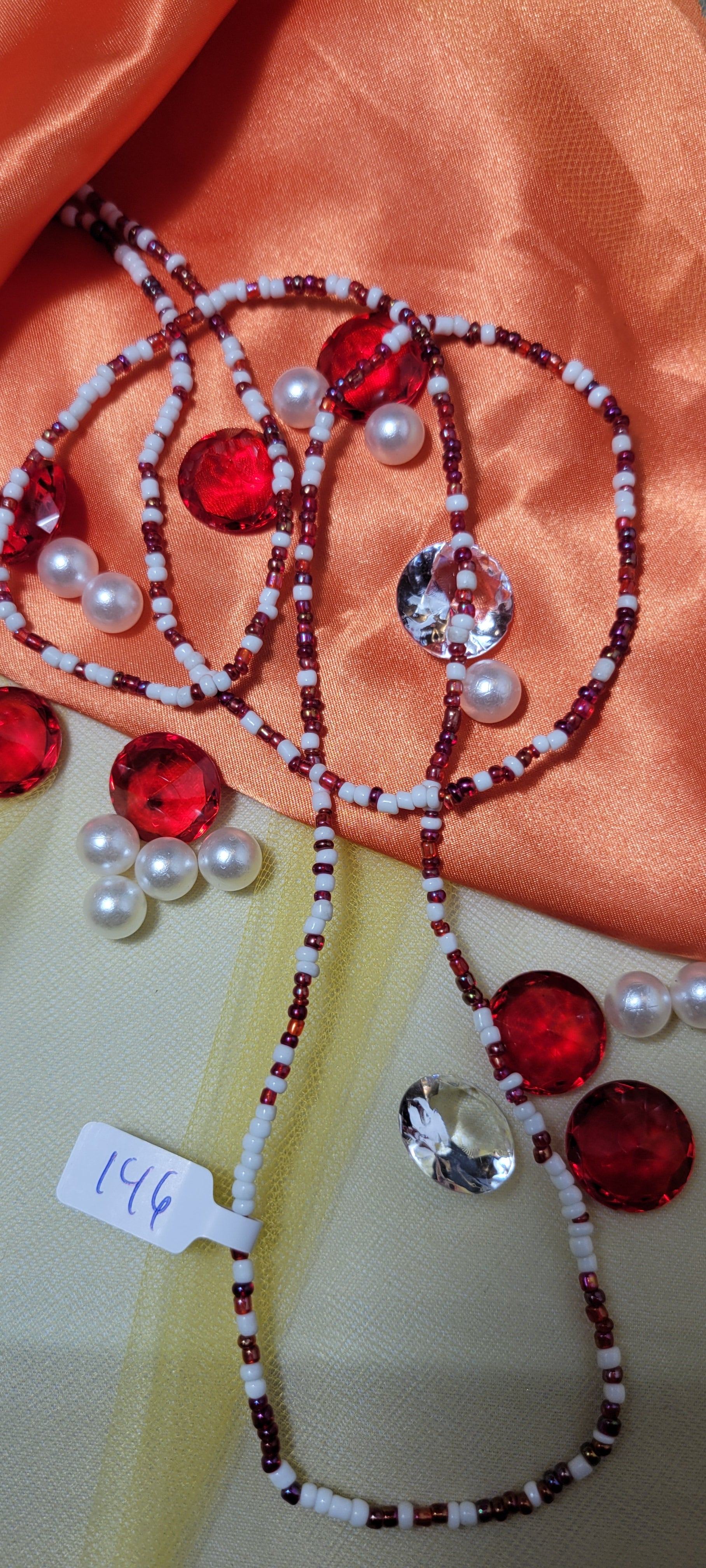 White with Maroon Round Waist Beads