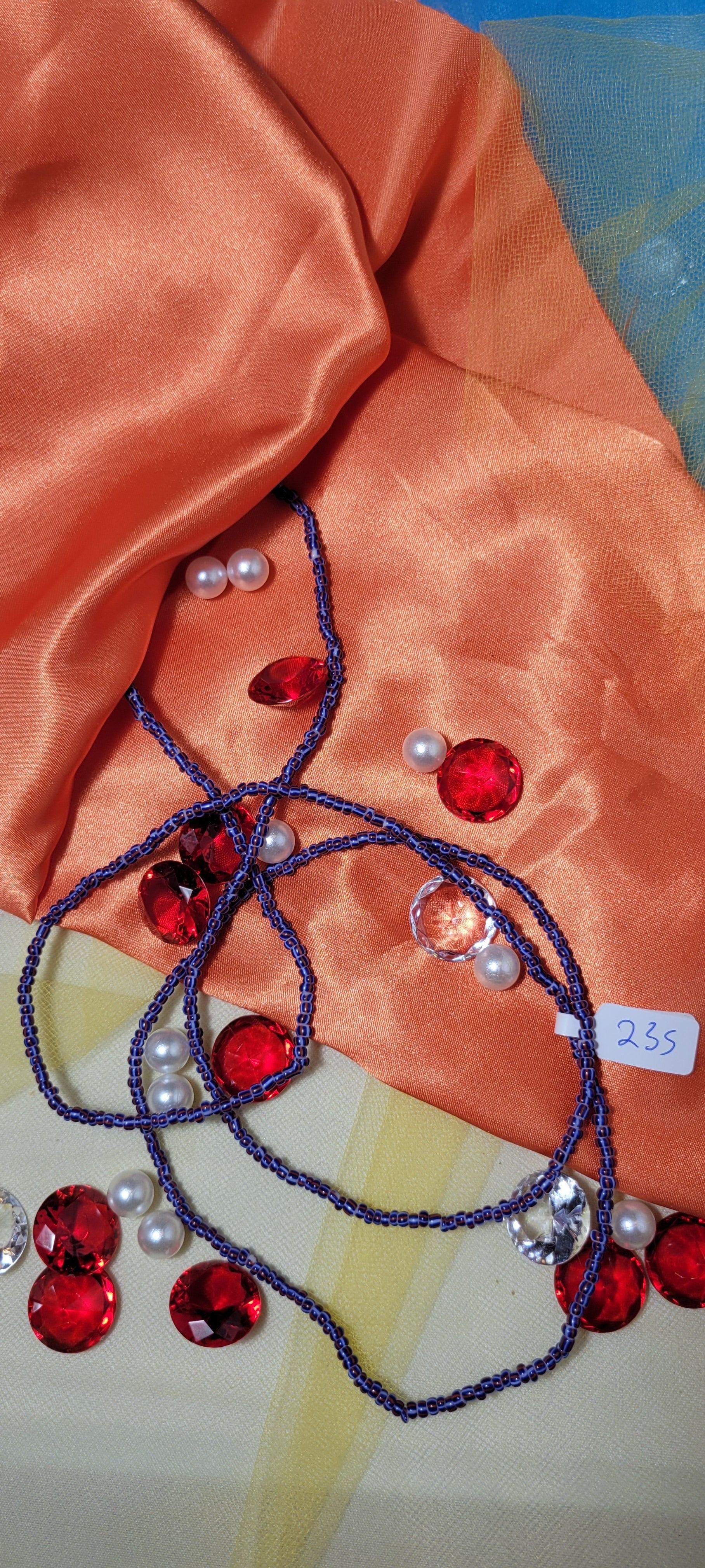 Navy Blue with Light Blue and Red Striped Waist Beads