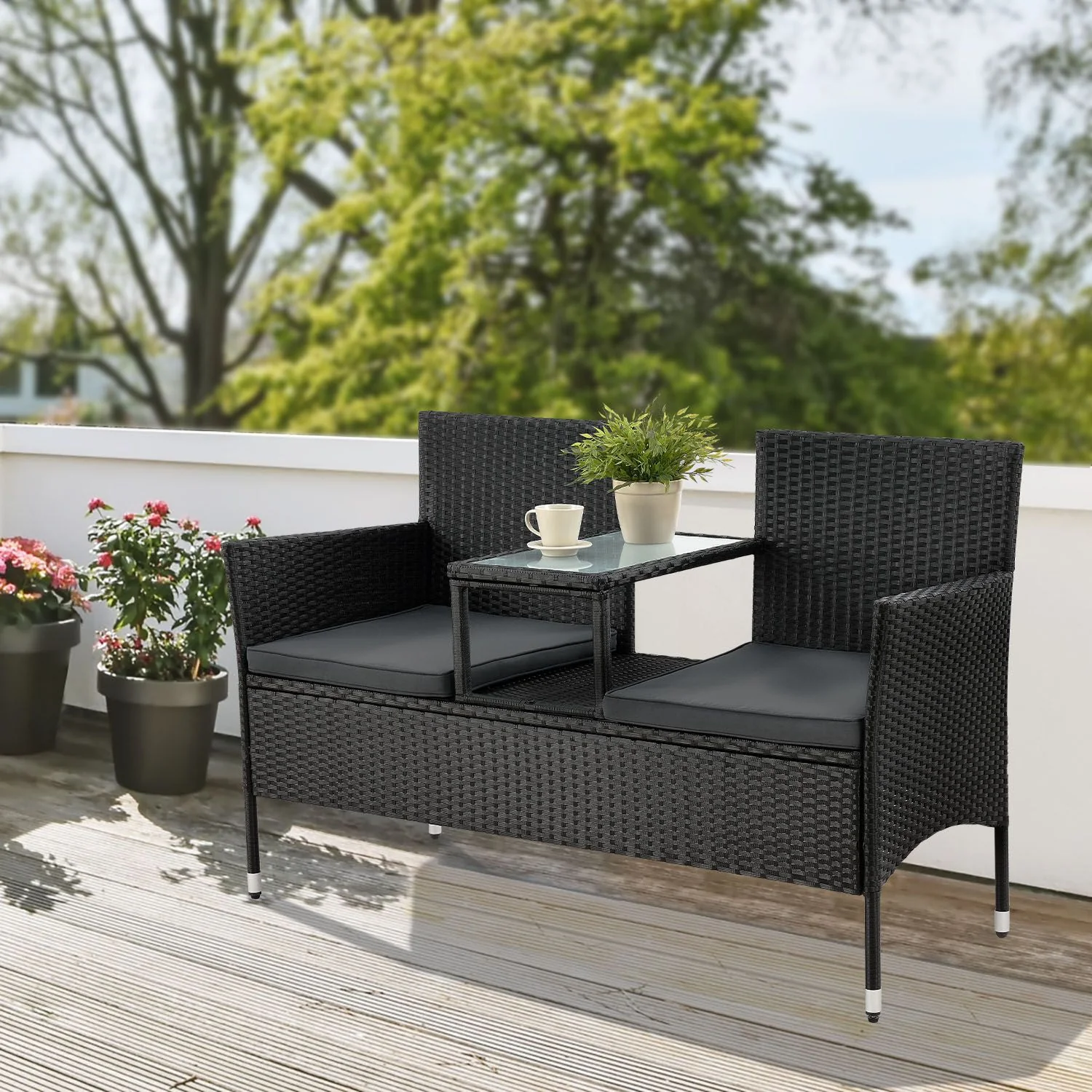 Monaco Polyrattan Bank für 2 Personen – Integrierter Tisch, wetterfest & modern