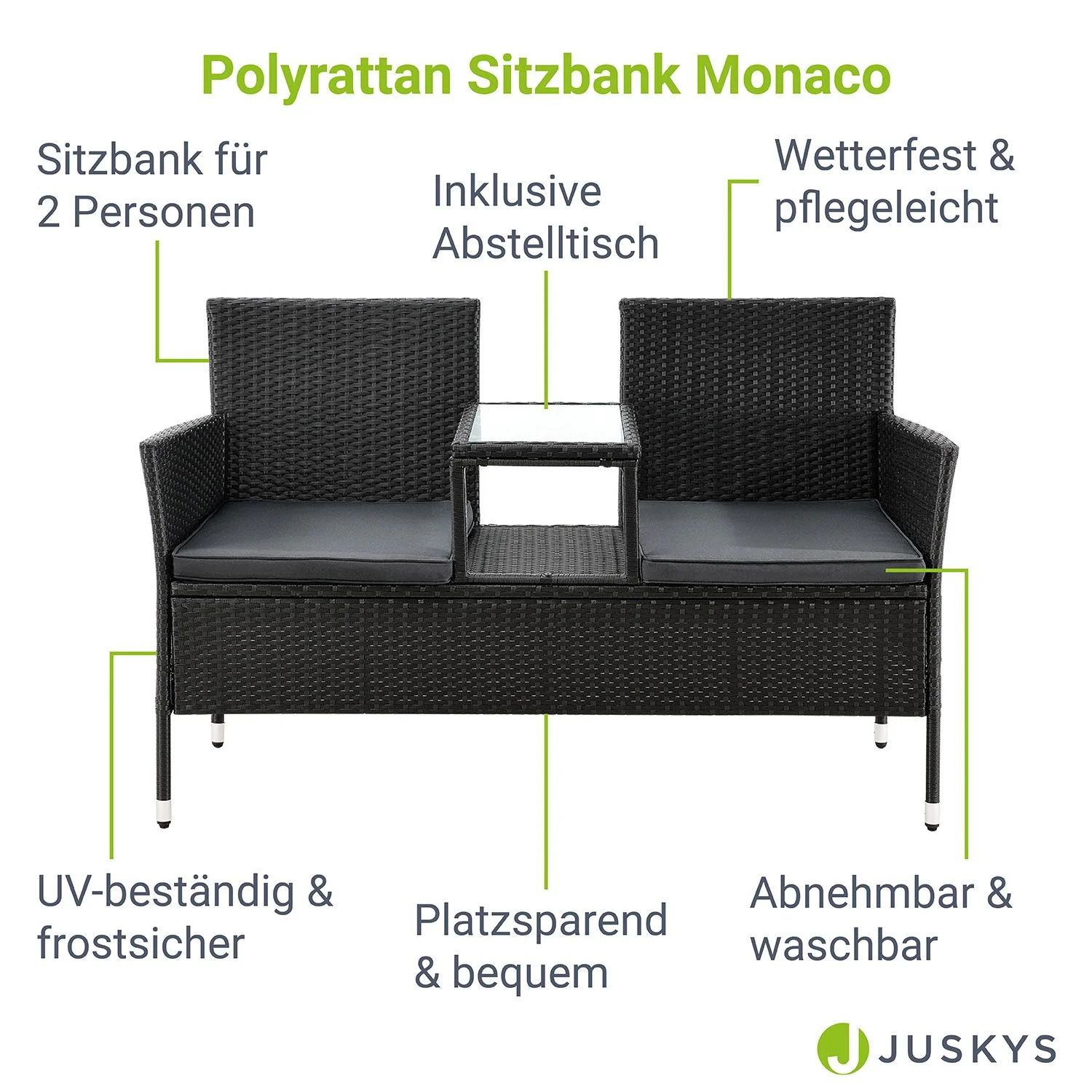 Monaco Polyrattan Bank für 2 Personen – Integrierter Tisch, wetterfest & modern