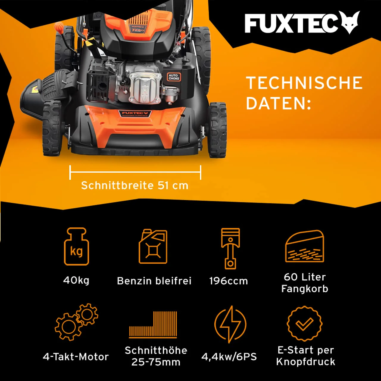 FUXTEC FX-RM5196eS – 4-in-1 Benzin-Rasenmäher mit ZIPGO-Motor