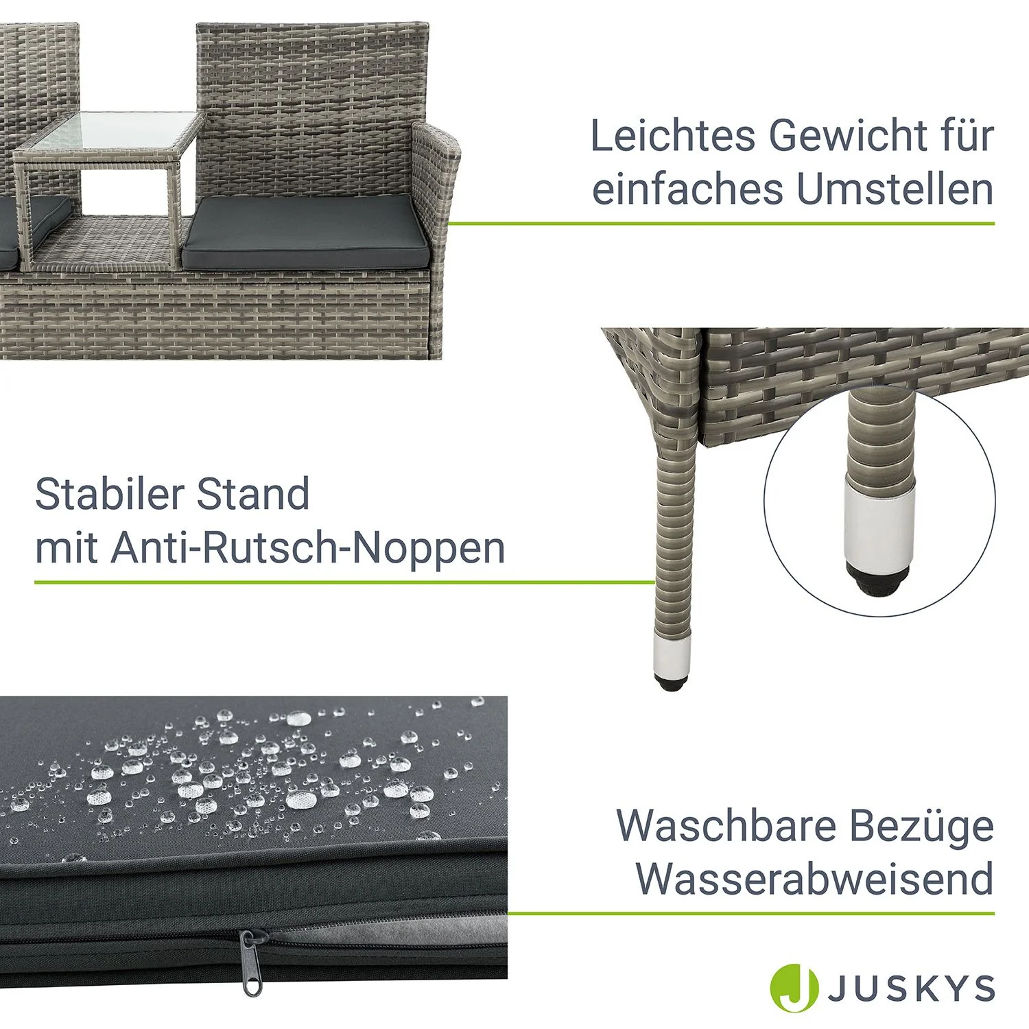 Monaco Polyrattan Bank für 2 Personen – Integrierter Tisch, wetterfest & modern