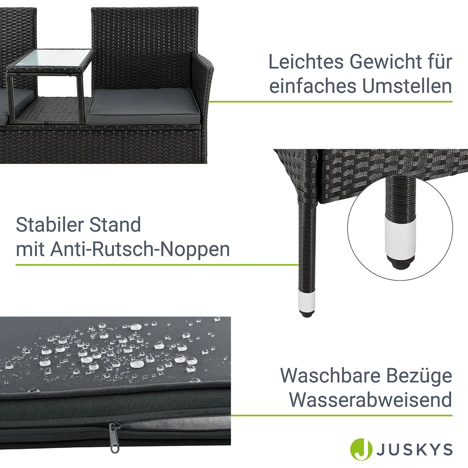 Monaco Polyrattan Bank für 2 Personen – Integrierter Tisch, wetterfest & modern