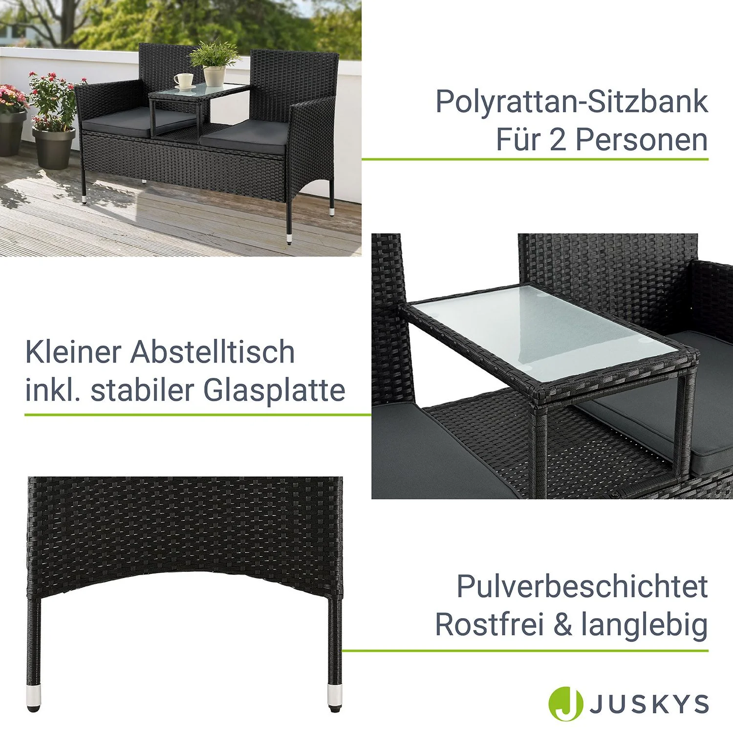 Monaco Polyrattan Bank für 2 Personen – Integrierter Tisch, wetterfest & modern