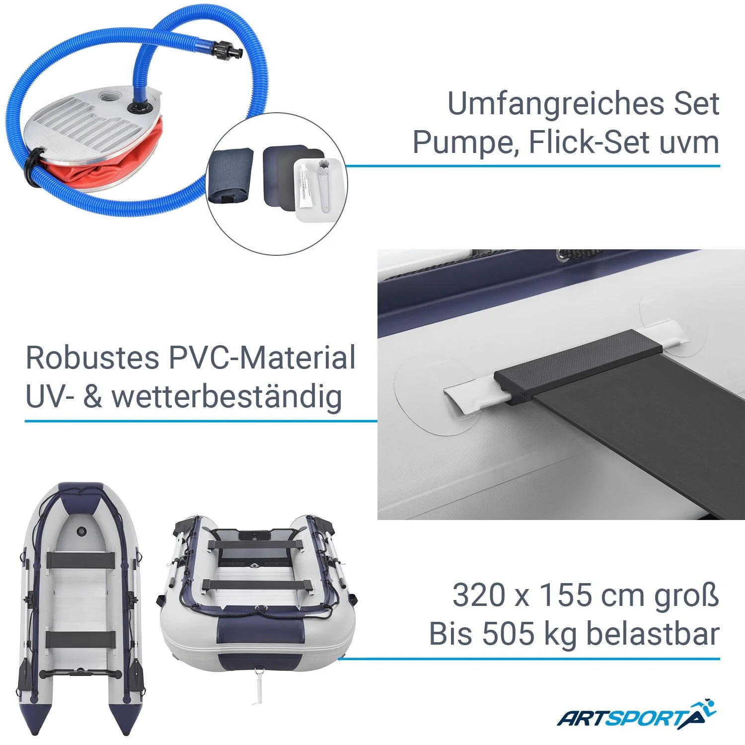 Aufblasbares Boot 3,20 m – 2 Bänke, bis 4 Personen, 505 kg Tragfähigkeit