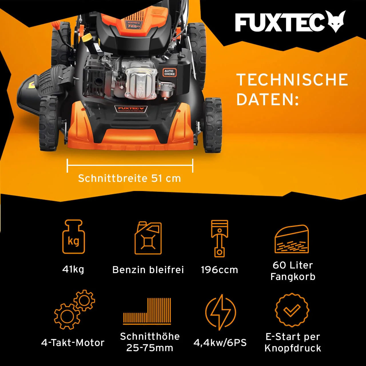 FUXTEC FX-RM5196eS – 4-in-1 Benzin-Rasenmäher mit ZIPGO-Motor