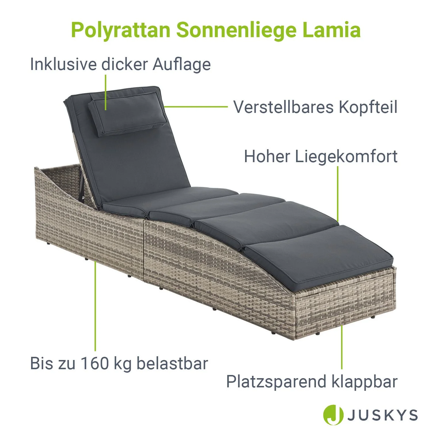 Lamia 2025 – Klappbare Polyrattan Sonnenliege für Garten, Terrasse & Balkon