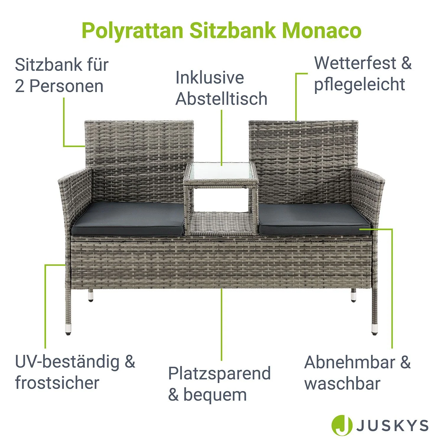 Monaco Polyrattan Bank für 2 Personen – Integrierter Tisch, wetterfest & modern