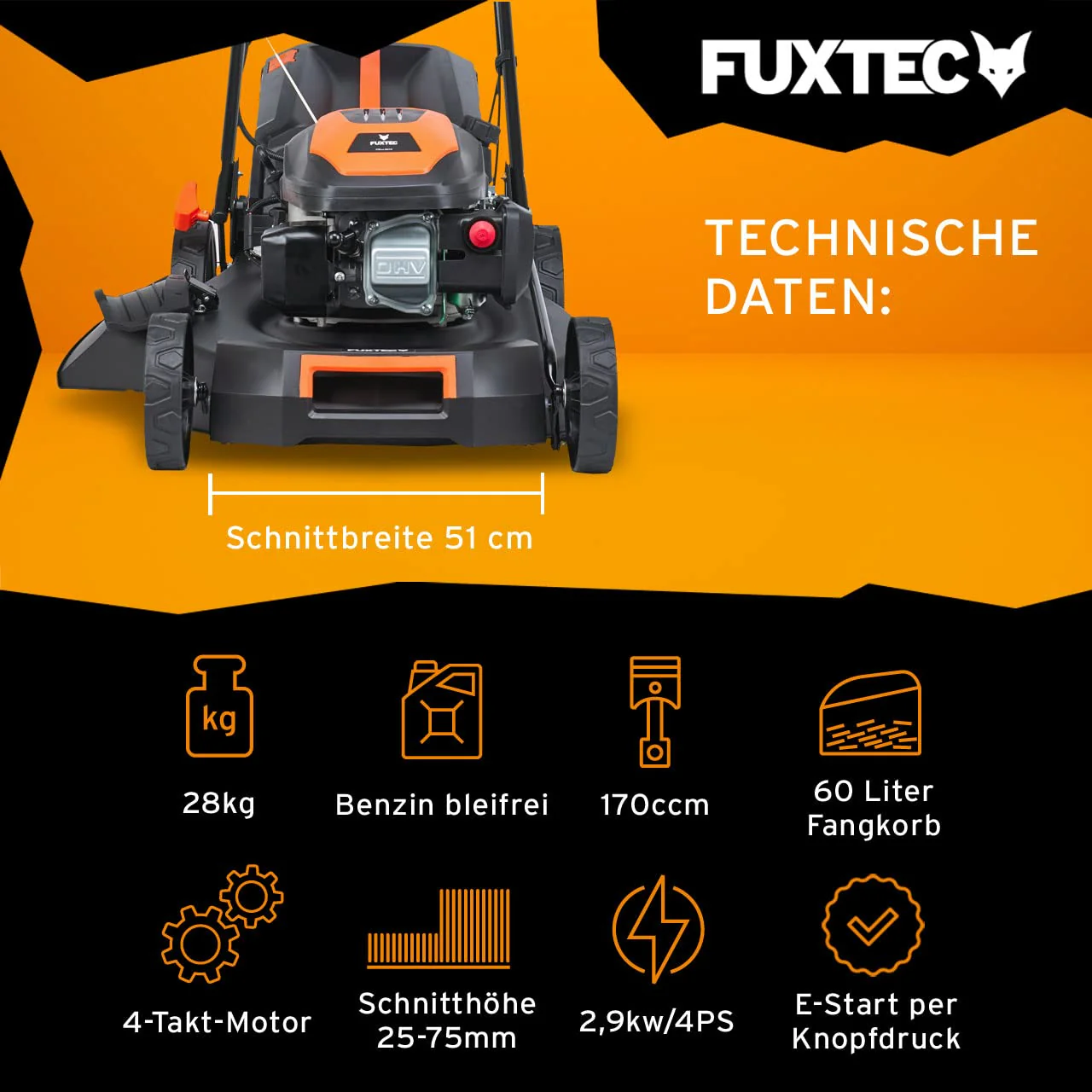 FUXTEC FX-RM5196eS – 4-in-1 Benzin-Rasenmäher mit ZIPGO-Motor