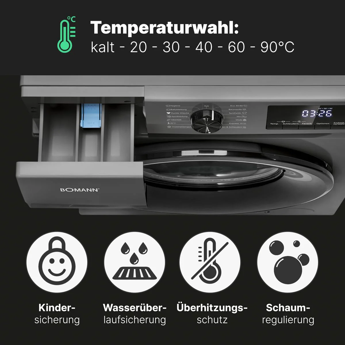 Bomann WA 7175 Titan – Waschmaschine 7 kg, 15 Programme, LED Display