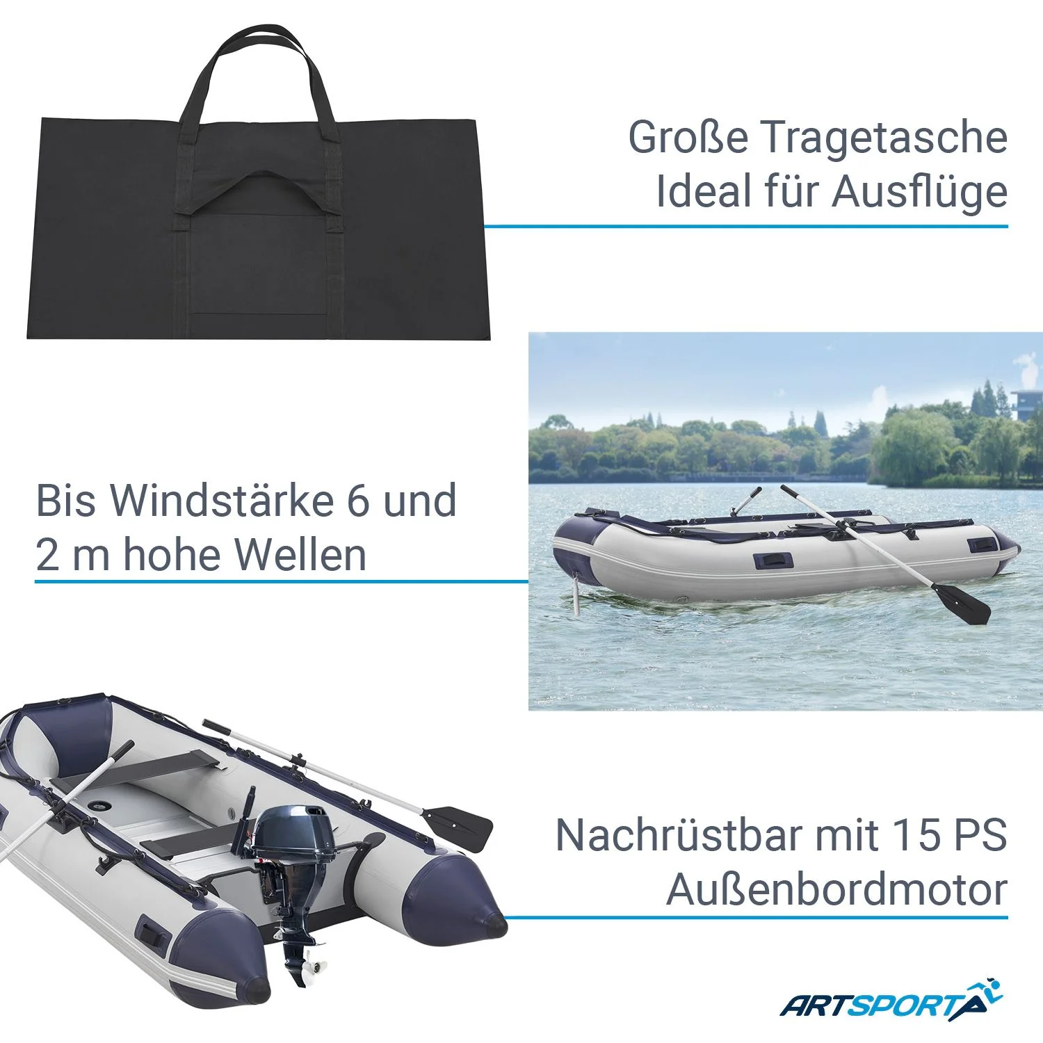 Aufblasbares Boot 3,20 m – 2 Bänke, bis 4 Personen, 505 kg Tragfähigkeit