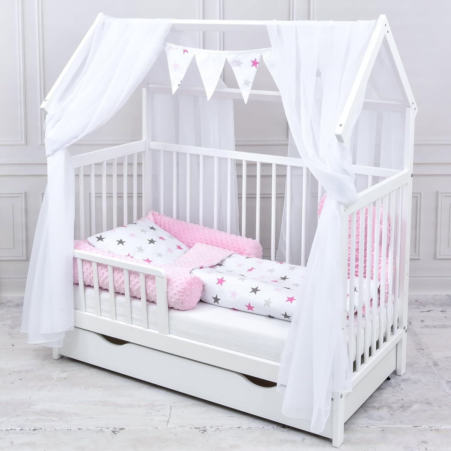 Baby Delux Kinderbett Haus 60x120 cm – Komplettset Weiß – Sicher, flexibel & gemütlich