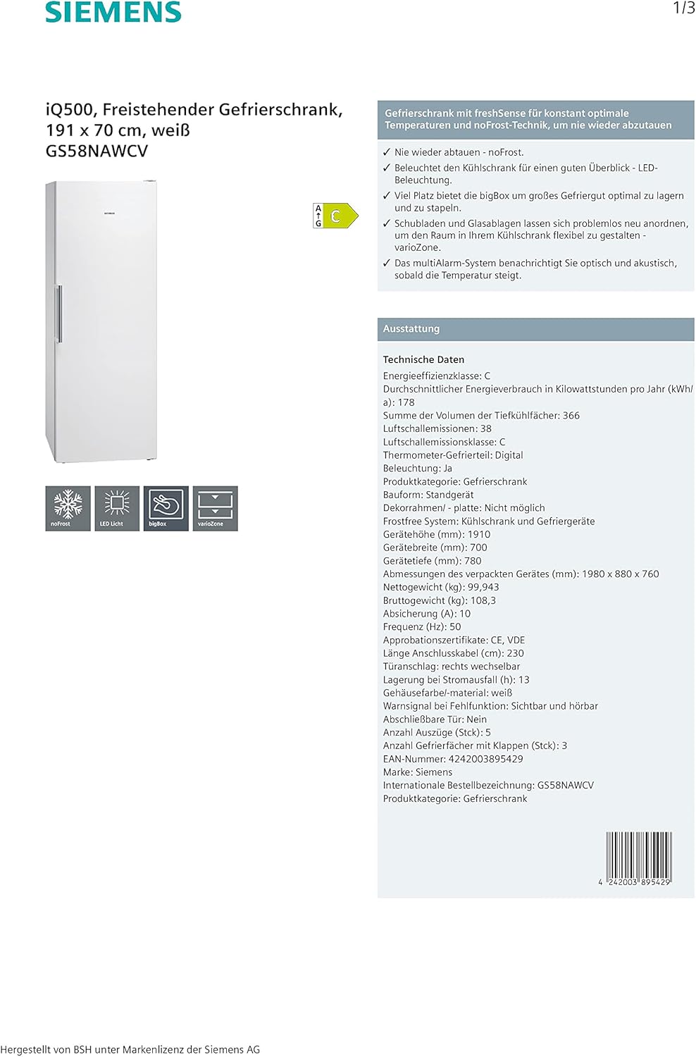 Siemens GS54NAWCV iQ500 Gefrierschrank 327 L – NoFrost, BigBox & superFreezing, Energiesparend