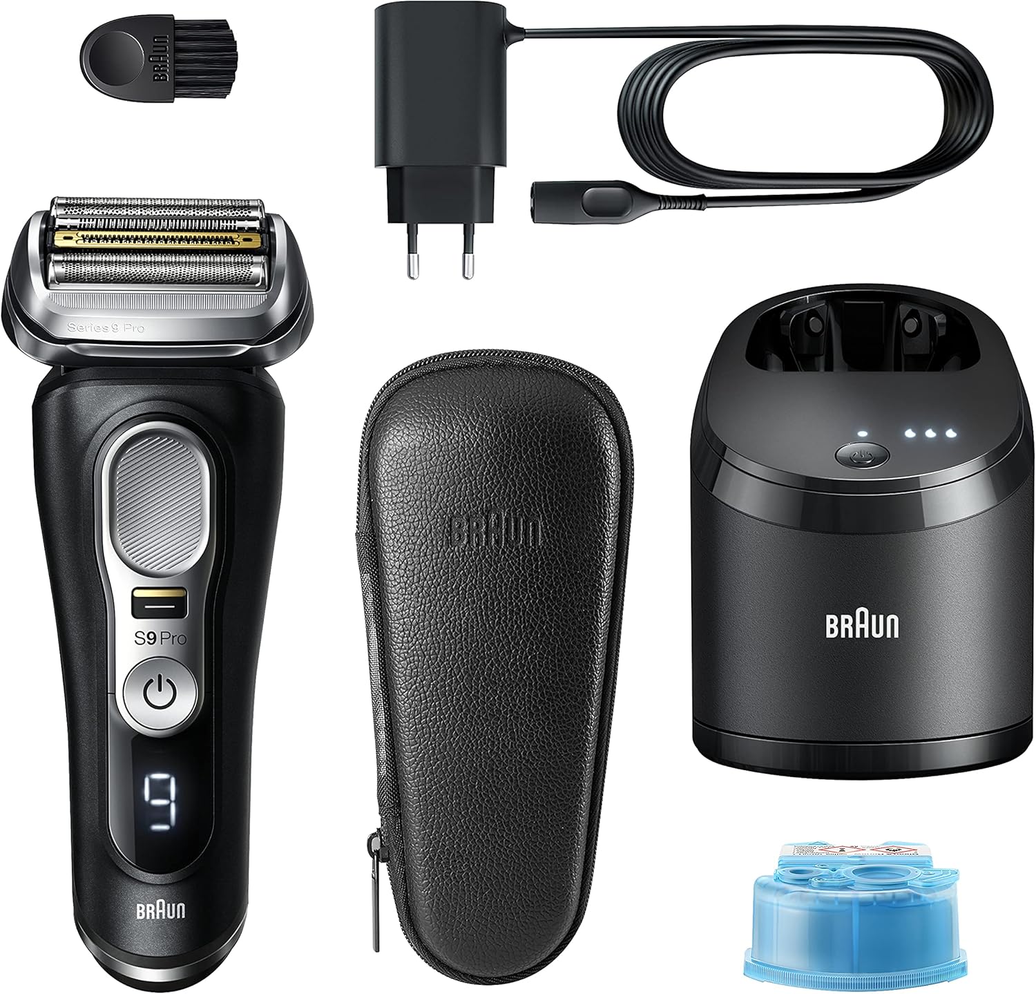 Braun Series 9 Pro Rasierer für Herren – 4+1 Scherköpfe, ProLift, PowerCase + 5-in-1 Reinigungsstation, 60 Min, 9477cc, Silber
