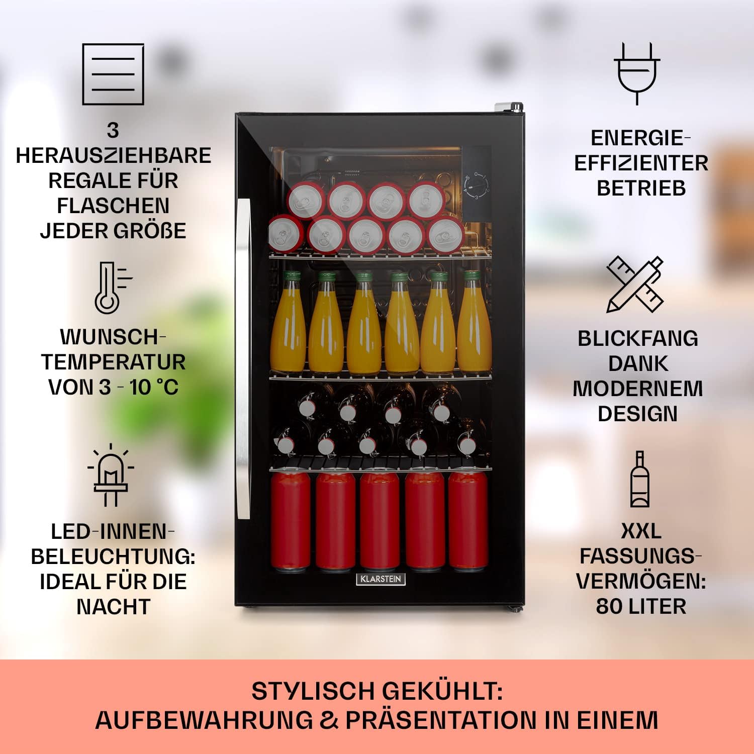 Klarstein Mini-Kühlschrank 80 L mit Glastür – Leise, Energieeffizient, Ideal für Getränke, Party & Camping