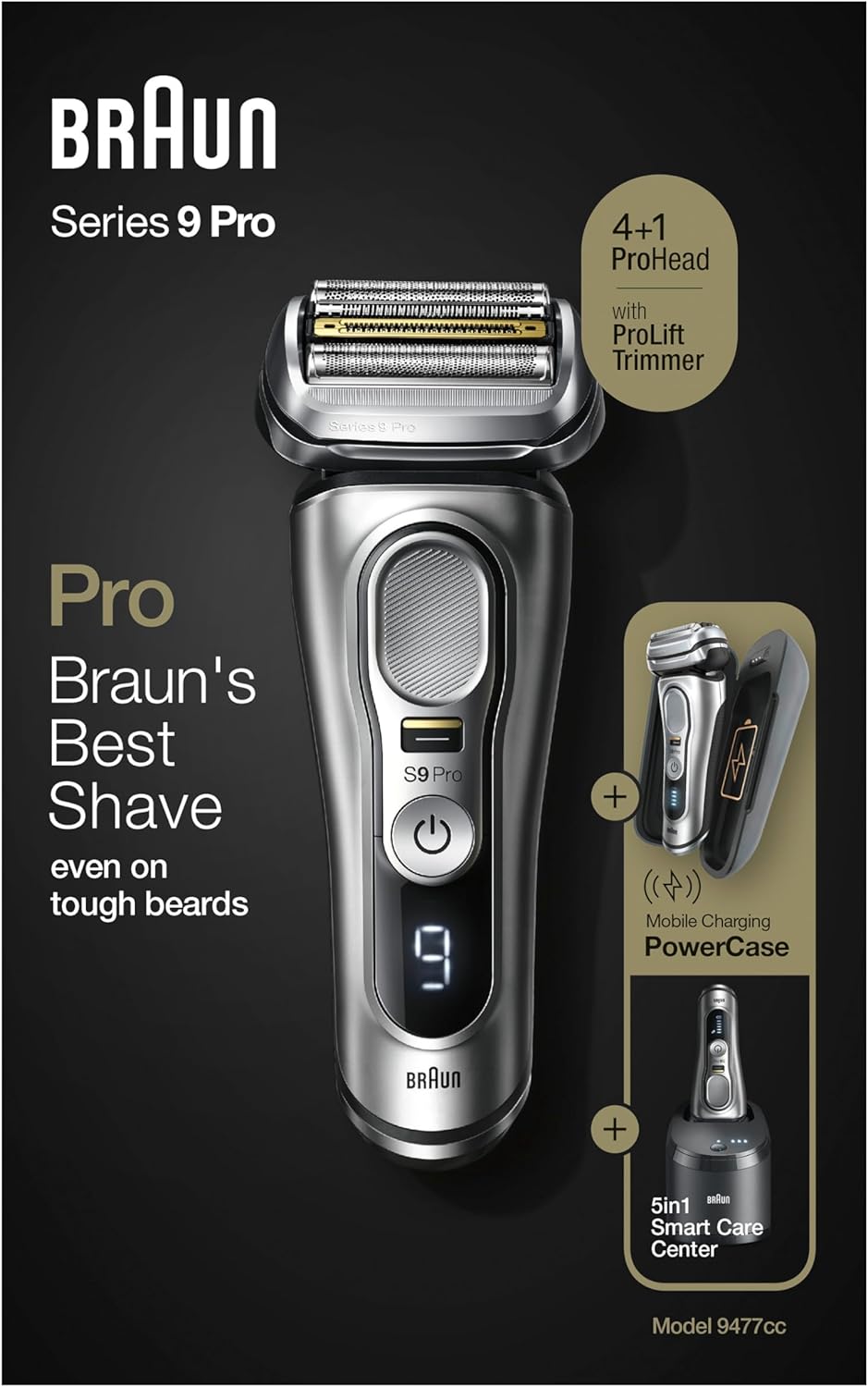Braun Series 9 Pro Rasierer für Herren – 4+1 Scherköpfe, ProLift, PowerCase + 5-in-1 Reinigungsstation, 60 Min, 9477cc, Silber