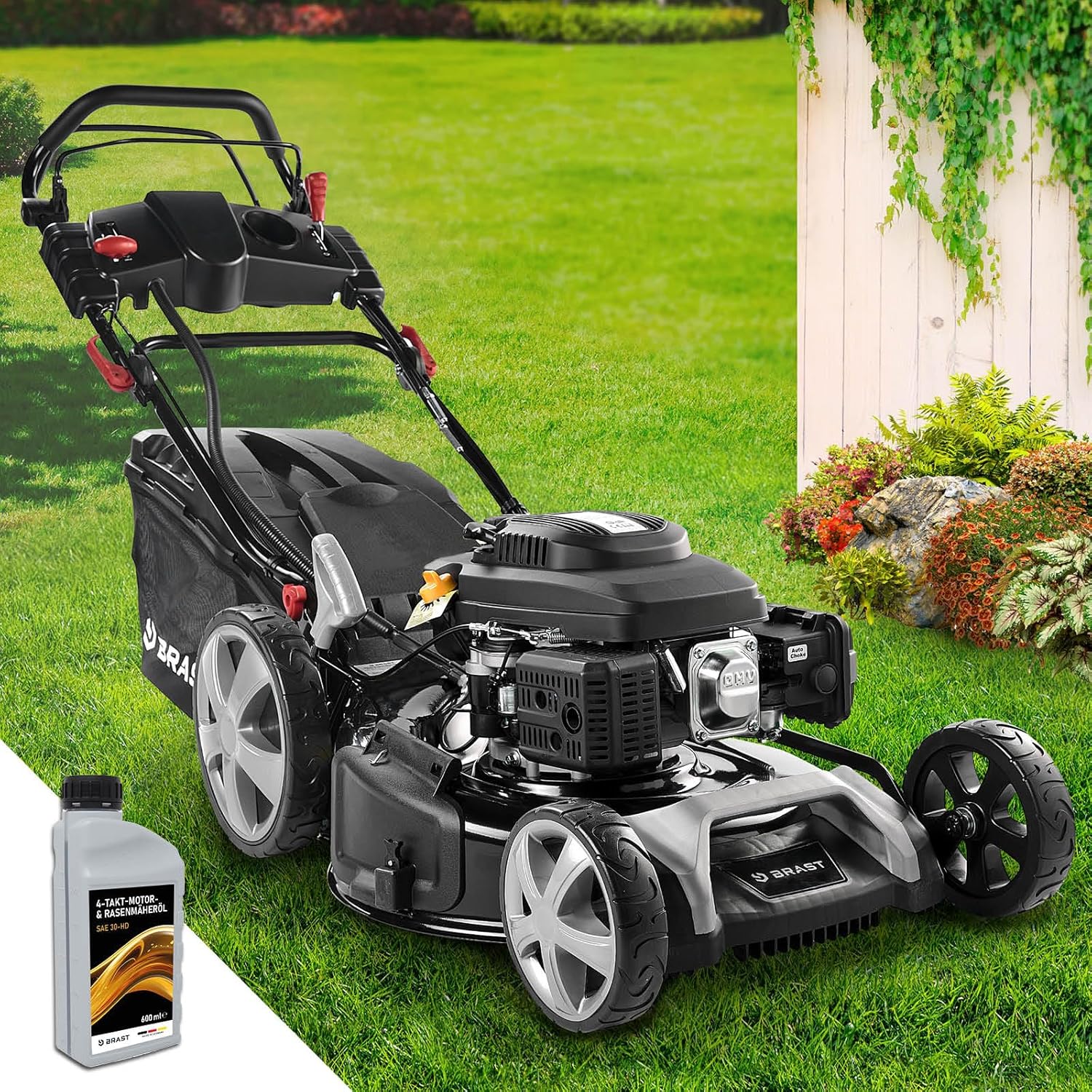 BRAST Benzin-Rasenmäher 5,2 kW – 55 cm Schnittbreite, 4 in 1, 60 L Grasfangkorb, Höhenverstellbar, Stahlgehäuse
