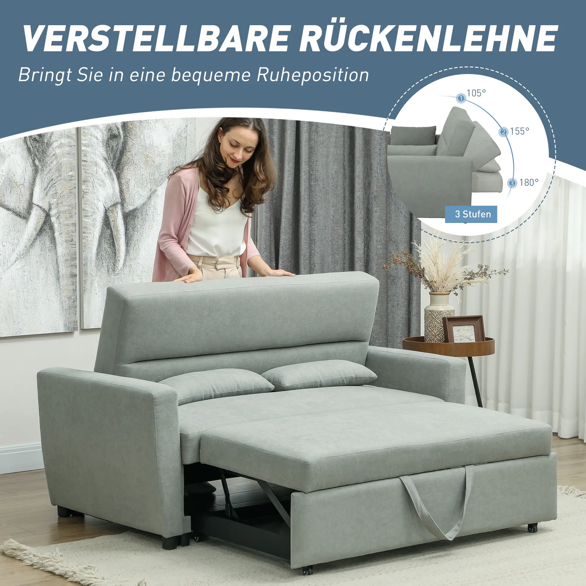 HOMCOM 2-Sitzer Schlafsofa mit Rollen & Eukalyptusgestell – Komfort trifft Flexibilität