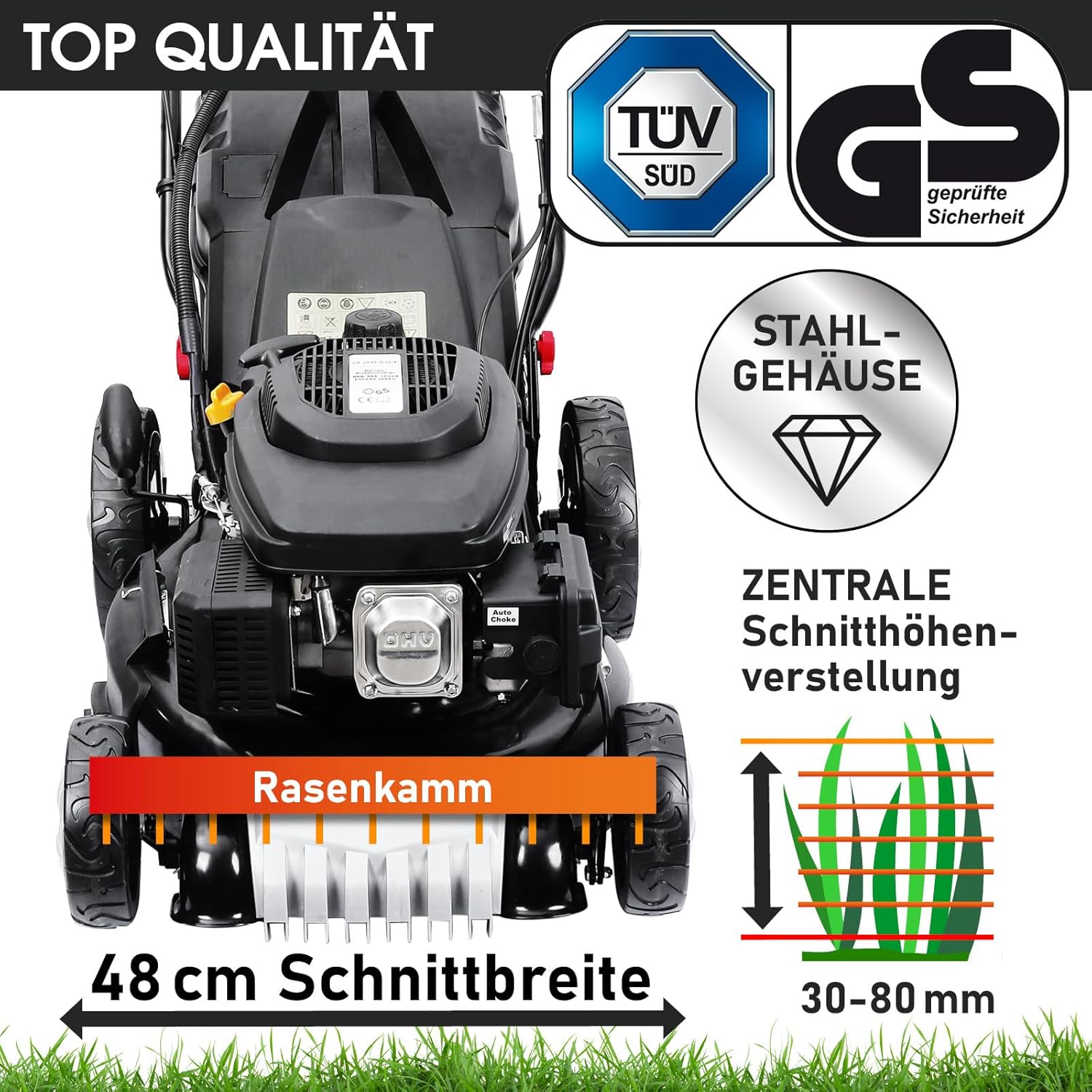 BRAST 19224 ESTART Benzin-Rasenmäher – 5,2 kW, Elektrostart, 3 Gänge, 48 cm Schnittbreite, 60 L Fangkorb, Mulchfunktion, Stahlgehäuse