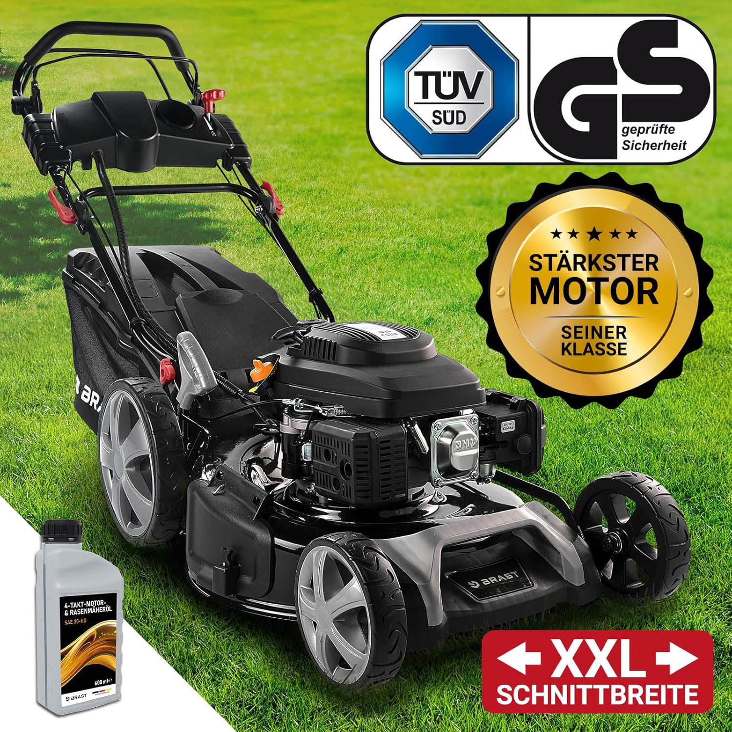 BRAST Benzin-Rasenmäher 5,2 kW – 55 cm Schnittbreite, 4 in 1, 60 L Grasfangkorb, Höhenverstellbar, Stahlgehäuse