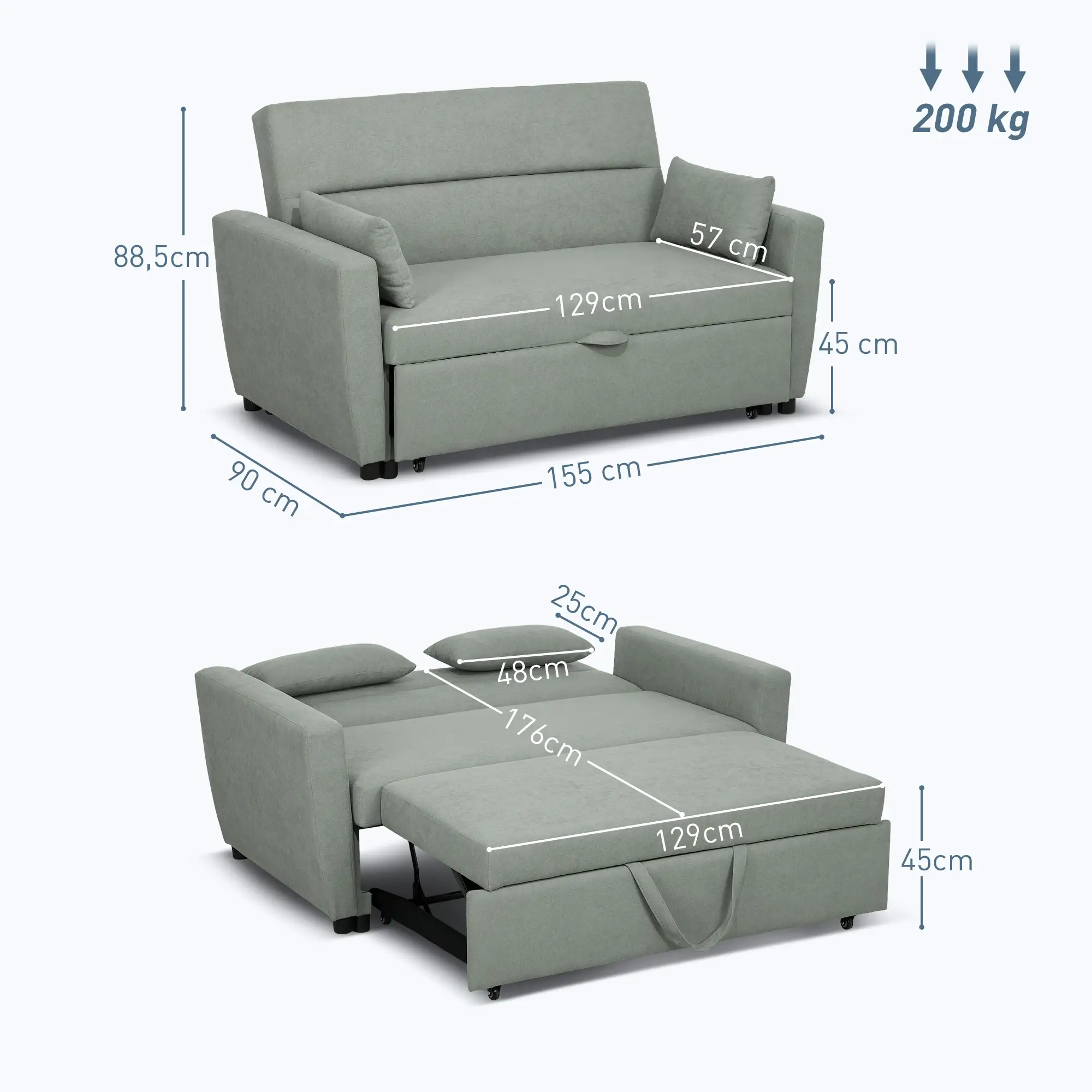 HOMCOM 2-Sitzer Schlafsofa mit Rollen & Eukalyptusgestell – Komfort trifft Flexibilität