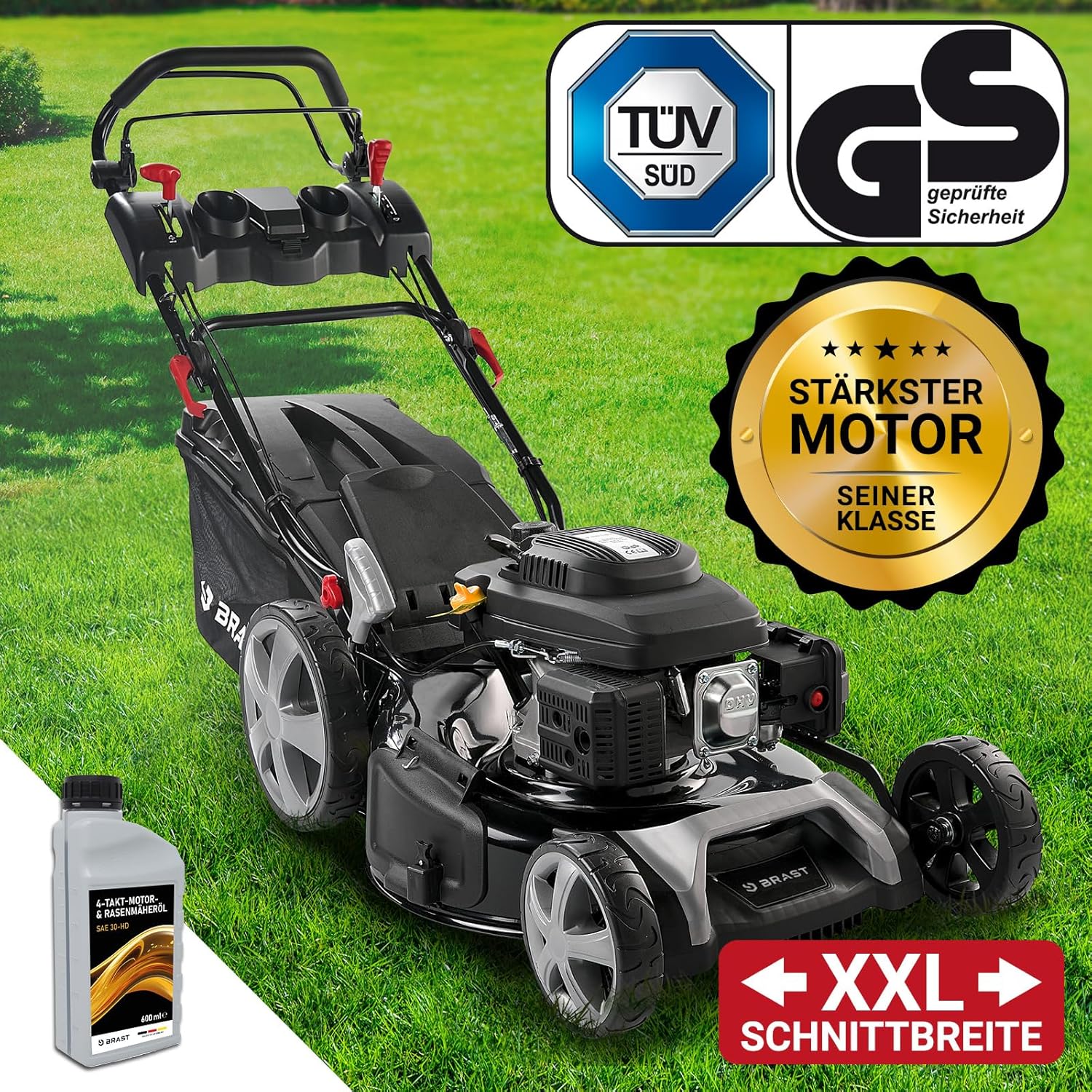 BRAST Benzin-Rasenmäher 5,2 kW – 55 cm Schnittbreite, 4 in 1, 60 L Grasfangkorb, Höhenverstellbar, Stahlgehäuse