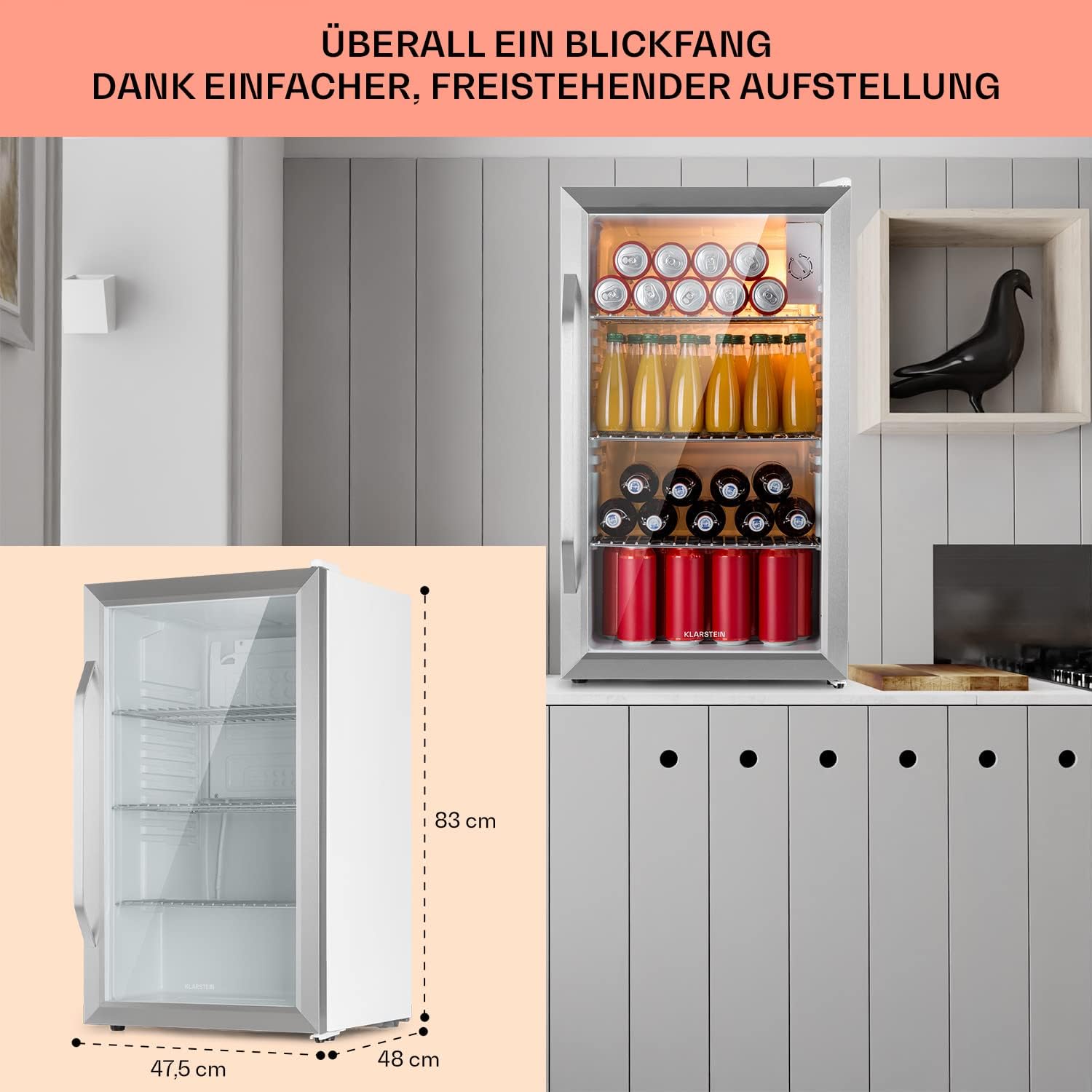 Klarstein Mini-Kühlschrank 80 L mit Glastür – Leise, Energieeffizient, Ideal für Getränke, Party & Camping