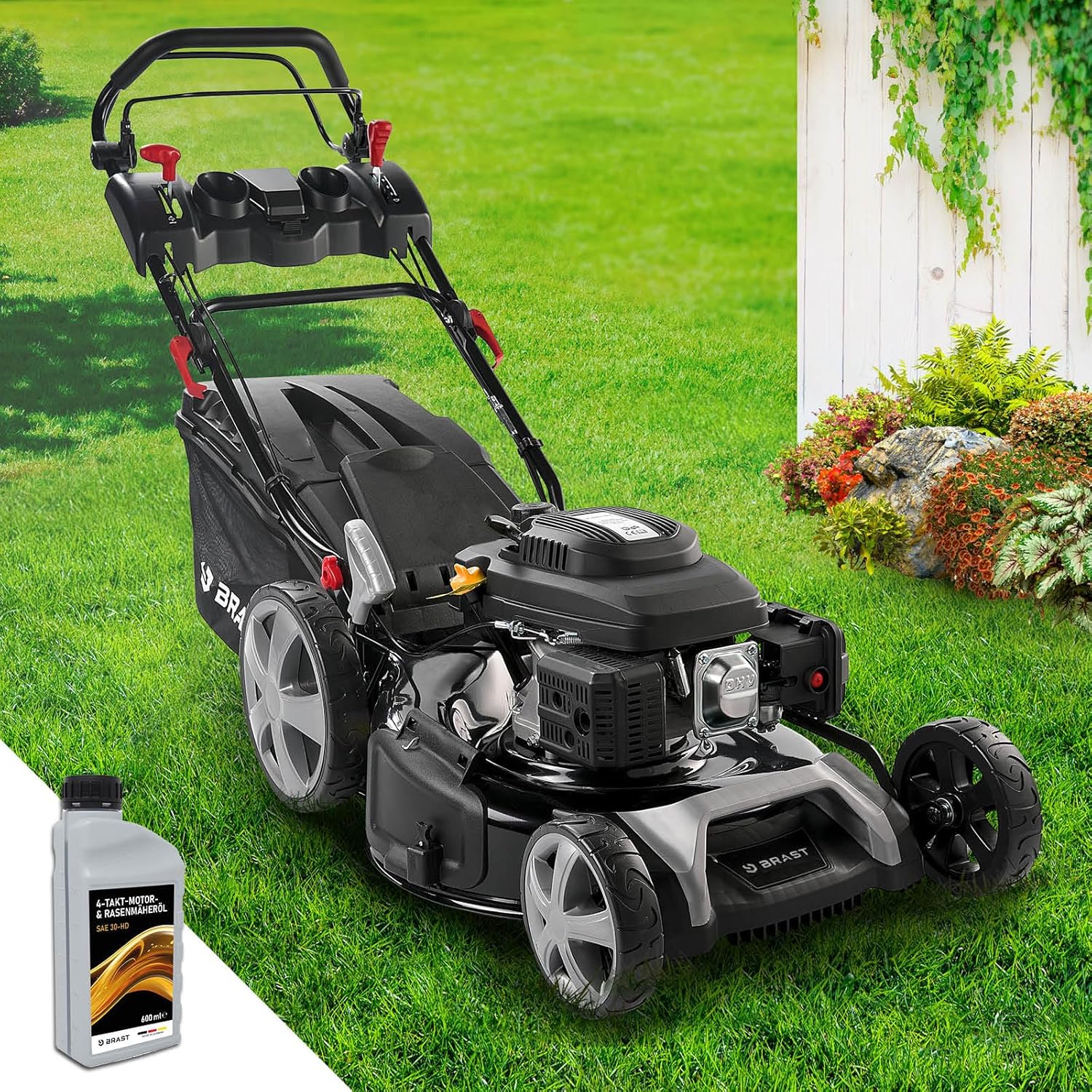 BRAST Benzin-Rasenmäher 5,2 kW – 55 cm Schnittbreite, 4 in 1, 60 L Grasfangkorb, Höhenverstellbar, Stahlgehäuse