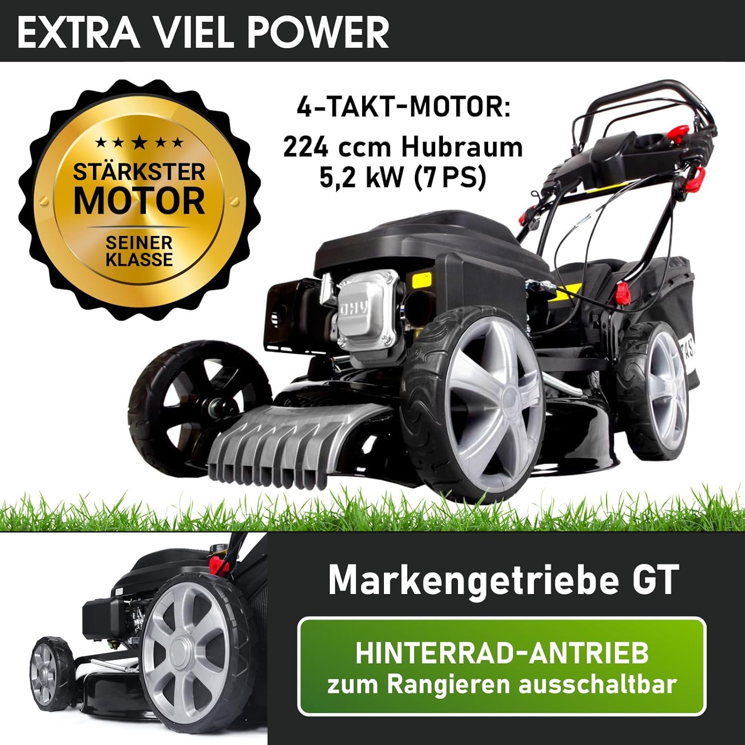 BRAST 19224 ESTART Benzin-Rasenmäher – 5,2 kW, Elektrostart, 3 Gänge, 48 cm Schnittbreite, 60 L Fangkorb, Mulchfunktion, Stahlgehäuse