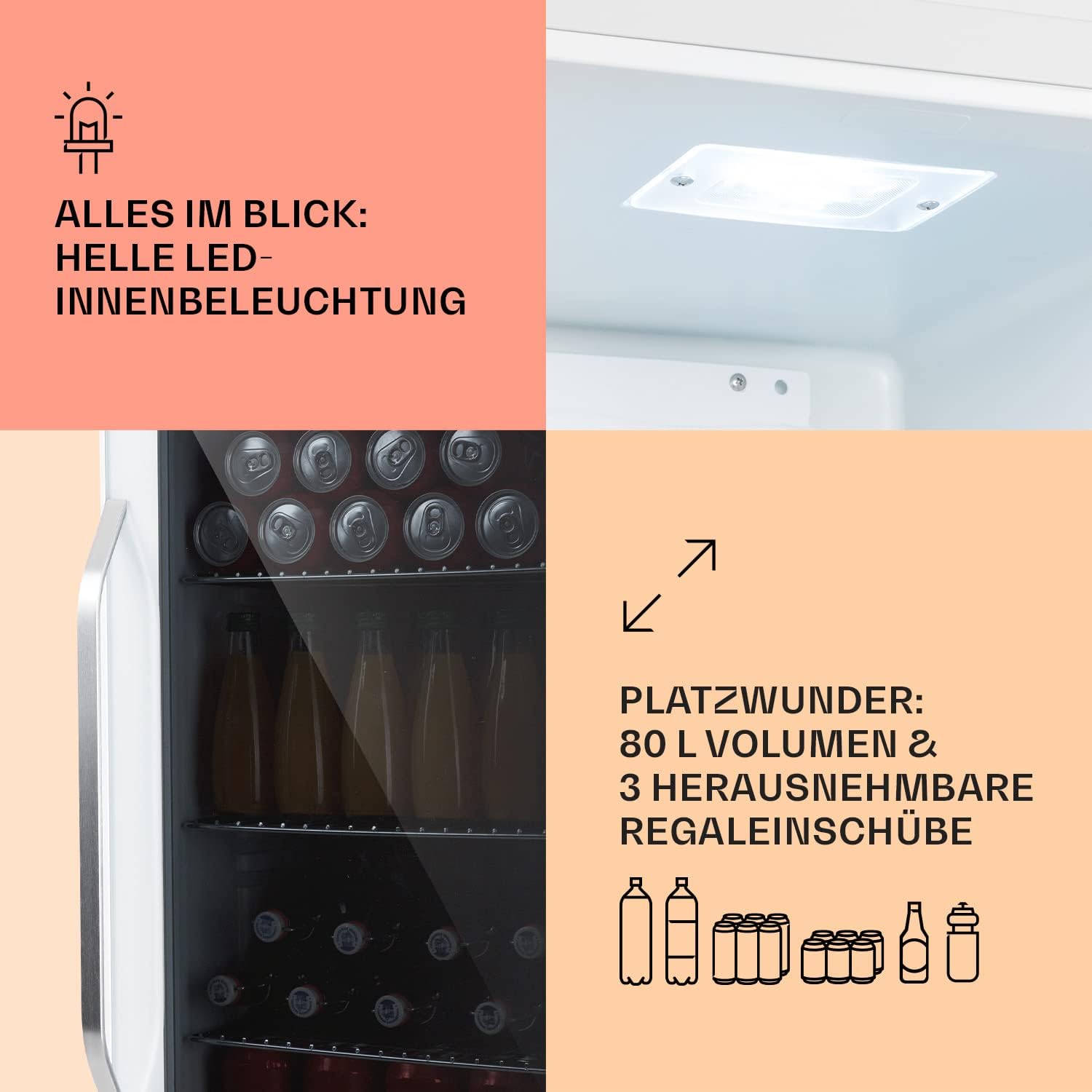 Klarstein Mini-Kühlschrank 80 L mit Glastür – Leise, Energieeffizient, Ideal für Getränke, Party & Camping