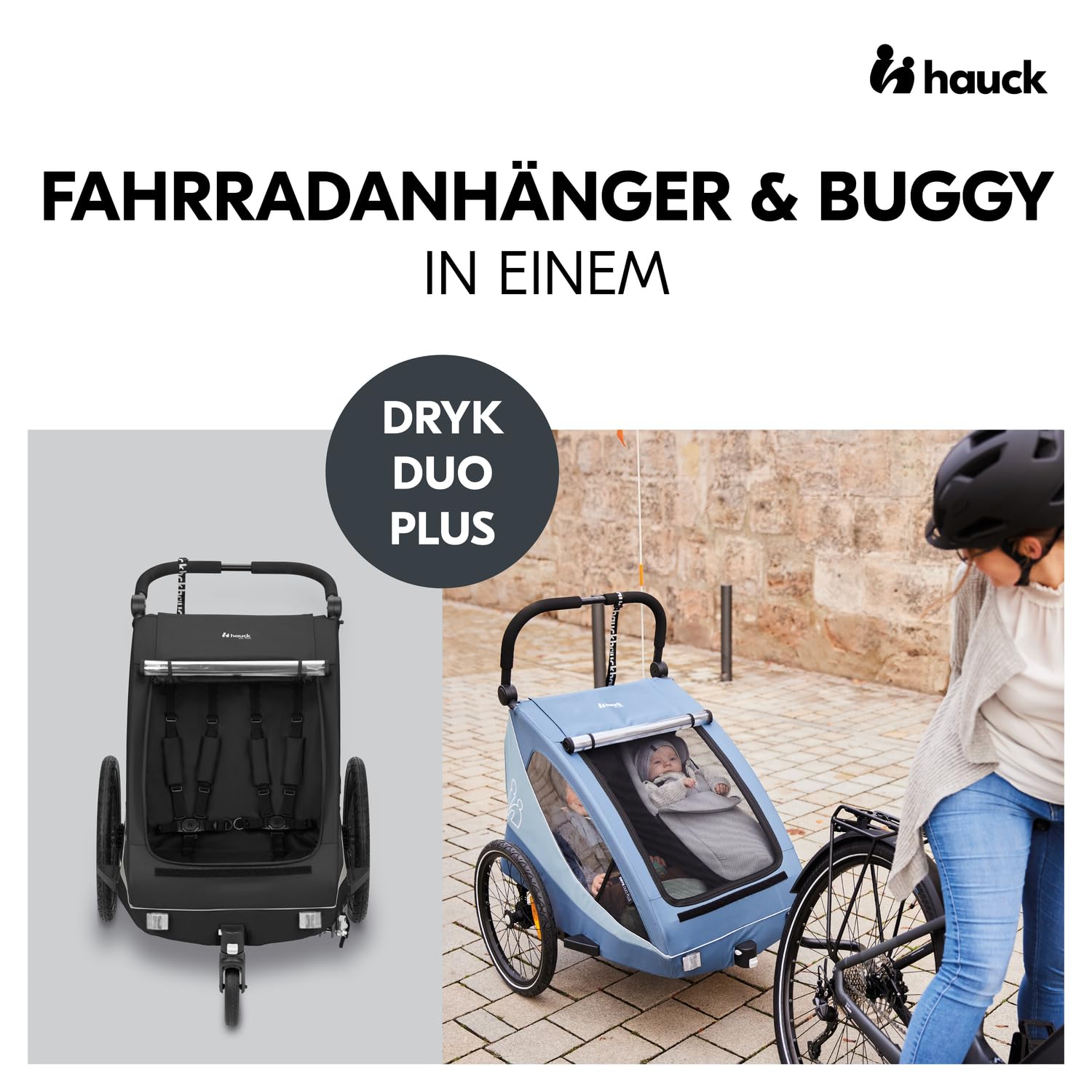 hauck Dryk Duo Plus – 2-in-1 Fahrradanhänger & Kinderwagen für 2 Kinder, mit Federung, LED & XL-Kofferraum