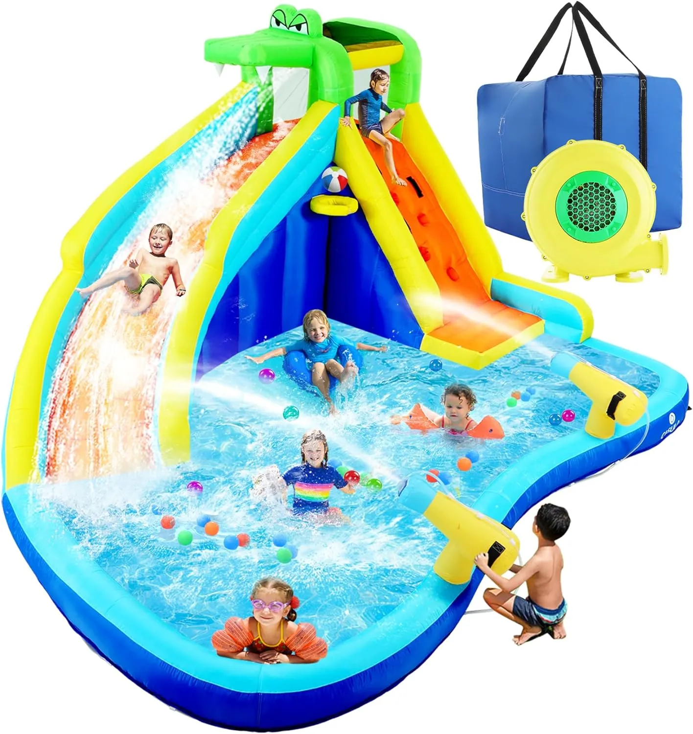 8-in-1 Kinder Wasserspaß Rutsche – aufblasbarer Spielpark mit Kletterwand, Pool & Wasserkanonen