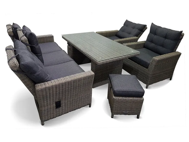 Bellavista Alu-Luxus Asti 6-teilig – Garten-Lounge Set: 3-Sitzer Sofa, 2 Sessel, 2 Hocker, Tisch, verstellbare Rückenlehne