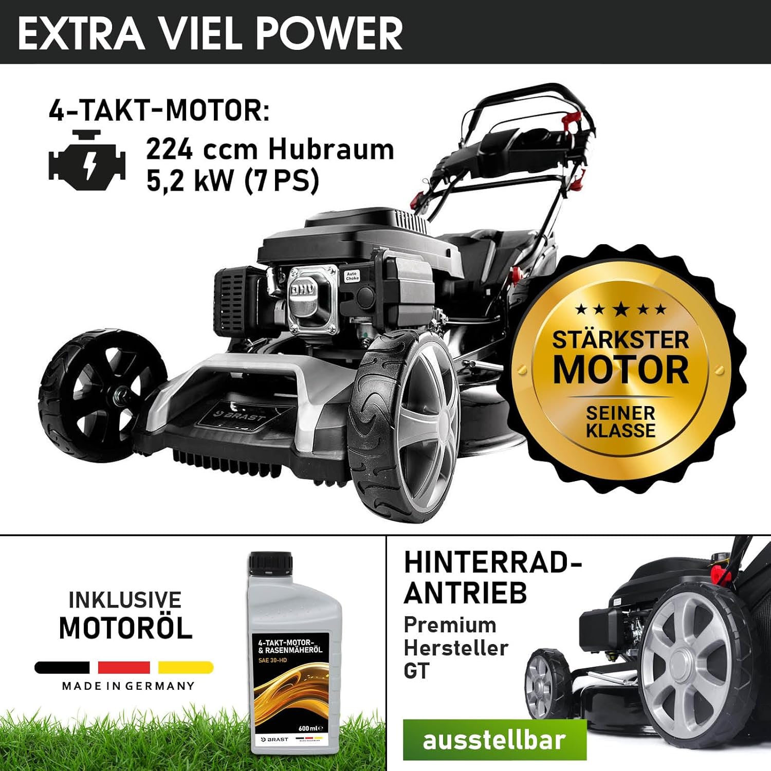 BRAST Benzin-Rasenmäher 5,2 kW – 55 cm Schnittbreite, 4 in 1, 60 L Grasfangkorb, Höhenverstellbar, Stahlgehäuse