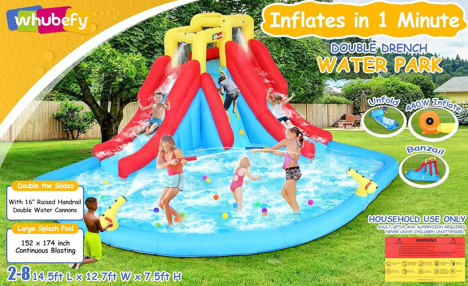 8-in-1 Kinder Wasserspaß Rutsche – aufblasbarer Spielpark mit Kletterwand, Pool & Wasserkanonen