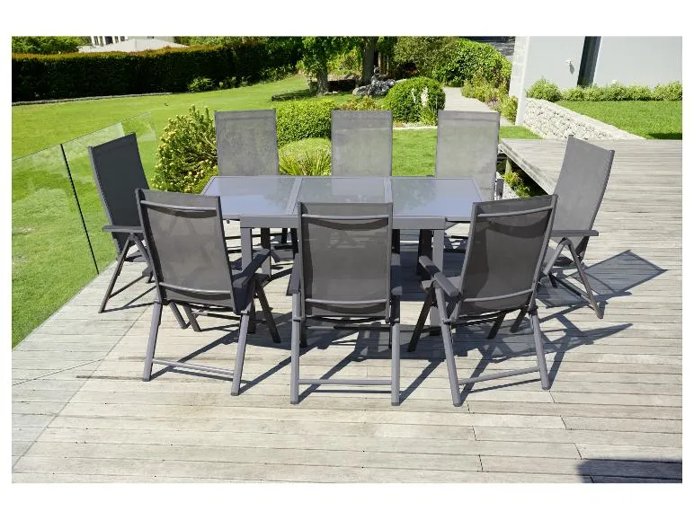 LIVARNO home Houston 9-teiliges Aluminium-Garten-Set – Ausziehbarer Tisch + 8 Hohe Stühle, Grau