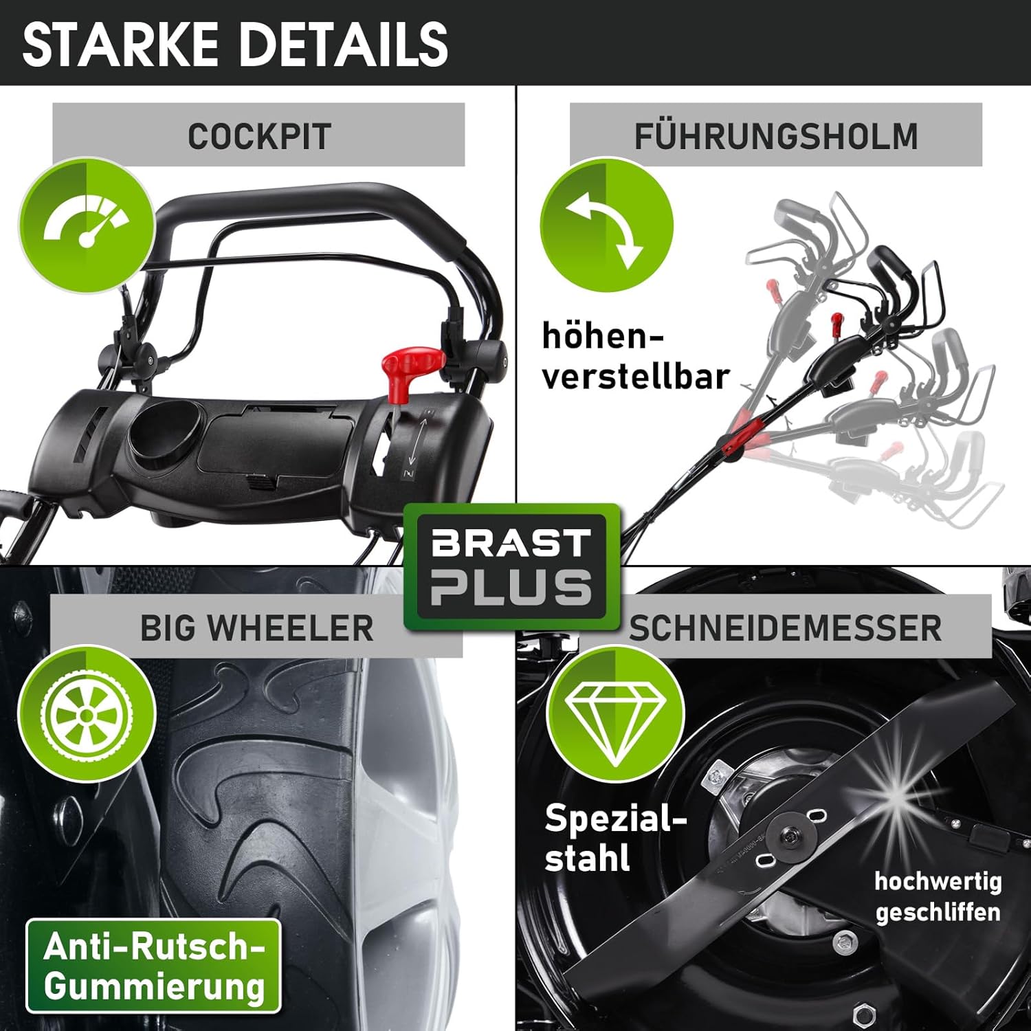 BRAST 19224 ESTART Benzin-Rasenmäher – 5,2 kW, Elektrostart, 3 Gänge, 48 cm Schnittbreite, 60 L Fangkorb, Mulchfunktion, Stahlgehäuse