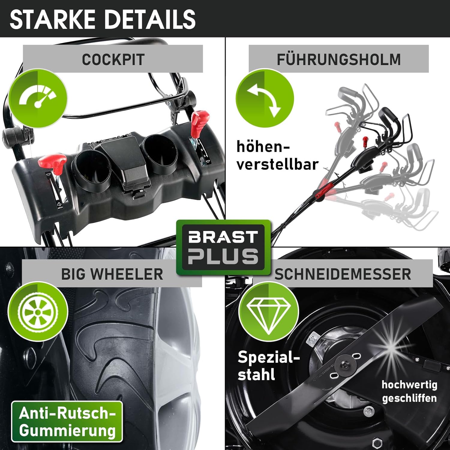 BRAST Benzin-Rasenmäher 5,2 kW – 55 cm Schnittbreite, 4 in 1, 60 L Grasfangkorb, Höhenverstellbar, Stahlgehäuse