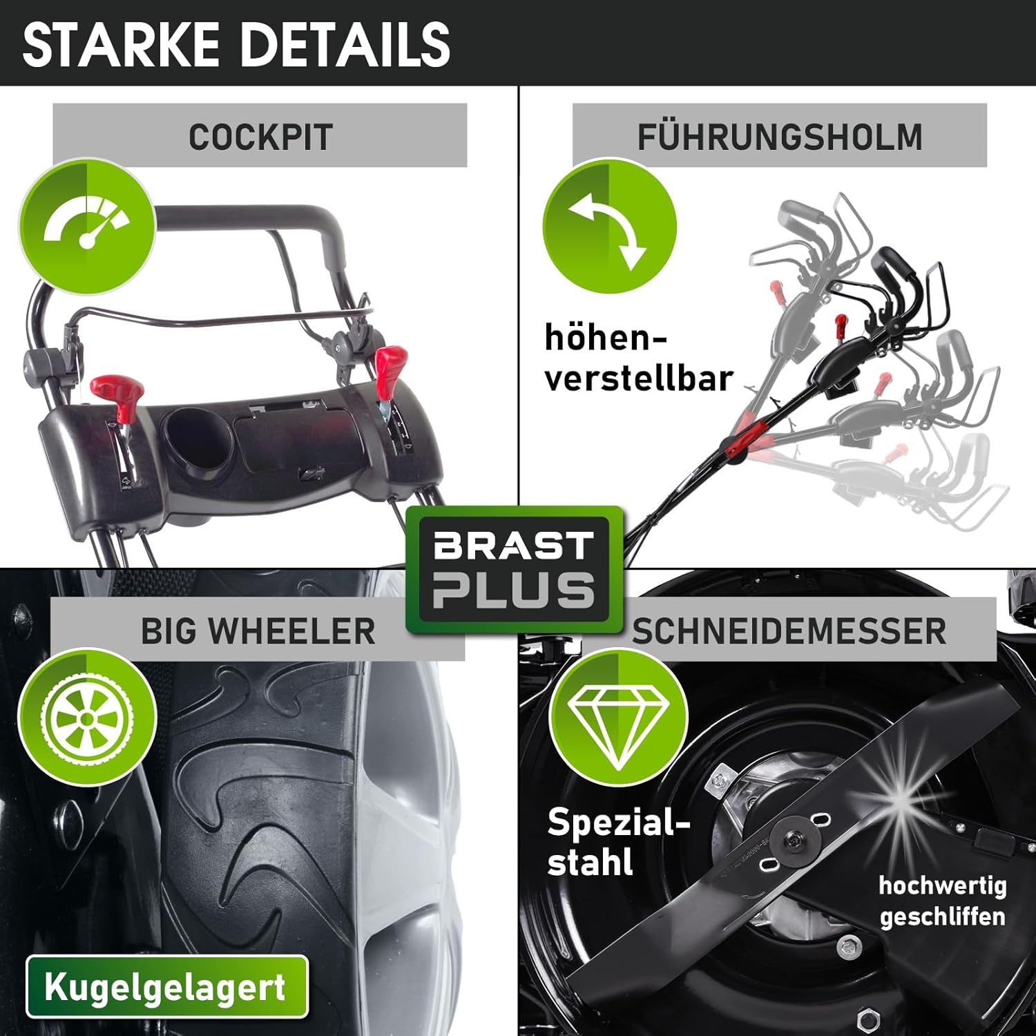 BRAST 19224 ESTART Benzin-Rasenmäher – 5,2 kW, Elektrostart, 3 Gänge, 48 cm Schnittbreite, 60 L Fangkorb, Mulchfunktion, Stahlgehäuse