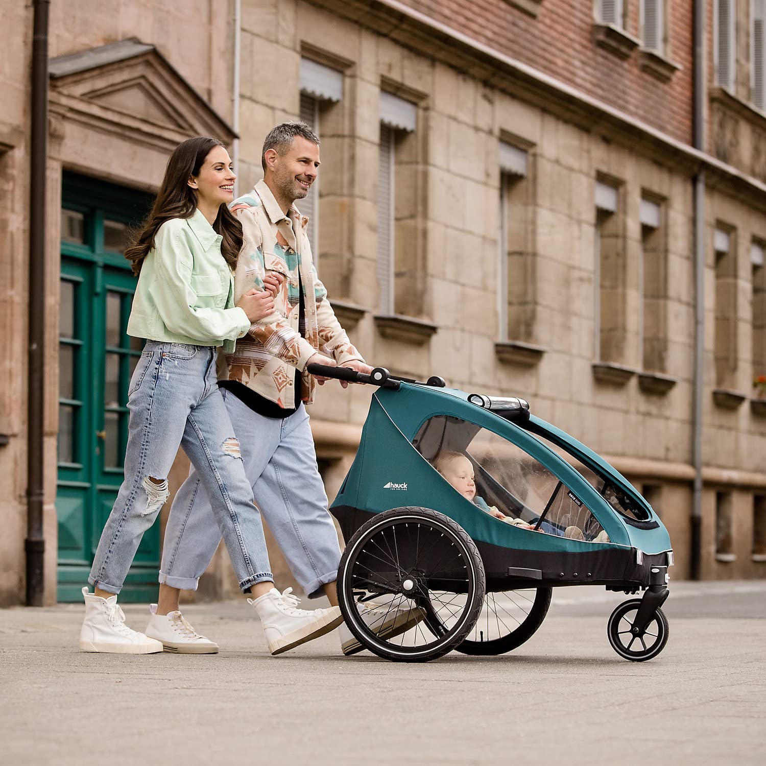 hauck Dryk Duo Plus – 2-in-1 Fahrradanhänger & Kinderwagen für 2 Kinder, mit Federung, LED & XL-Kofferraum