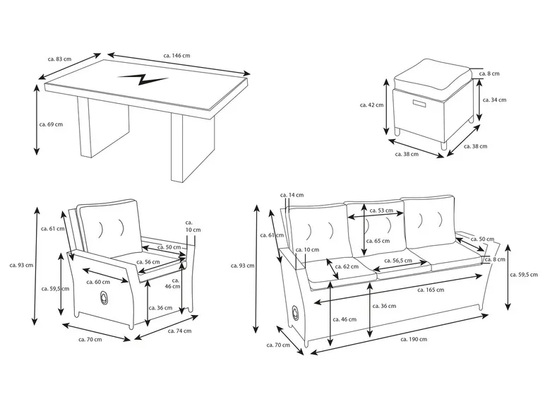 Bellavista Alu-Luxus Asti 6-teilig – Garten-Lounge Set: 3-Sitzer Sofa, 2 Sessel, 2 Hocker, Tisch, verstellbare Rückenlehne