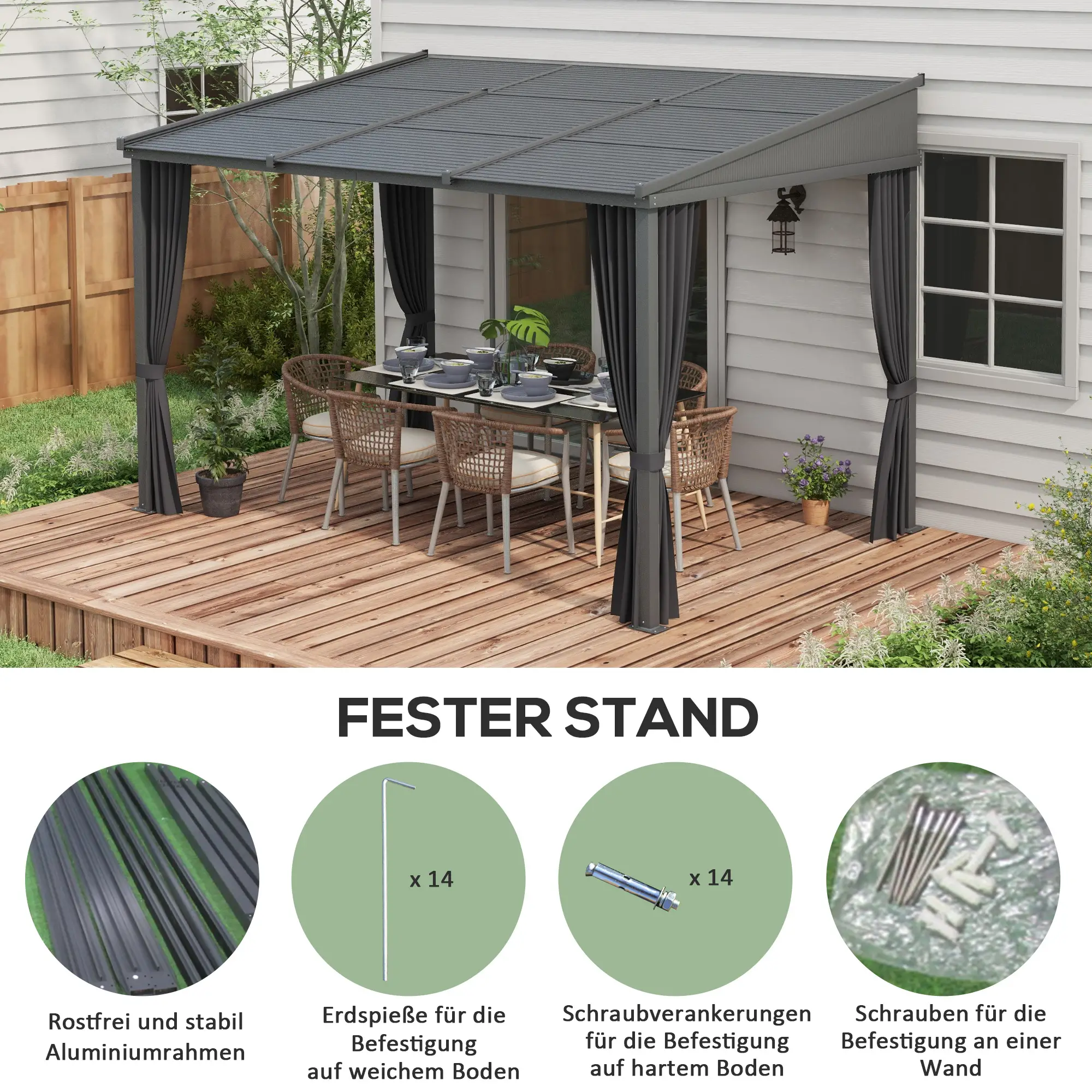 Outsunny Pergola mit Schiebedach – Aluminium, Sonnen- & Regenschutz, Grau, 365x255 cm