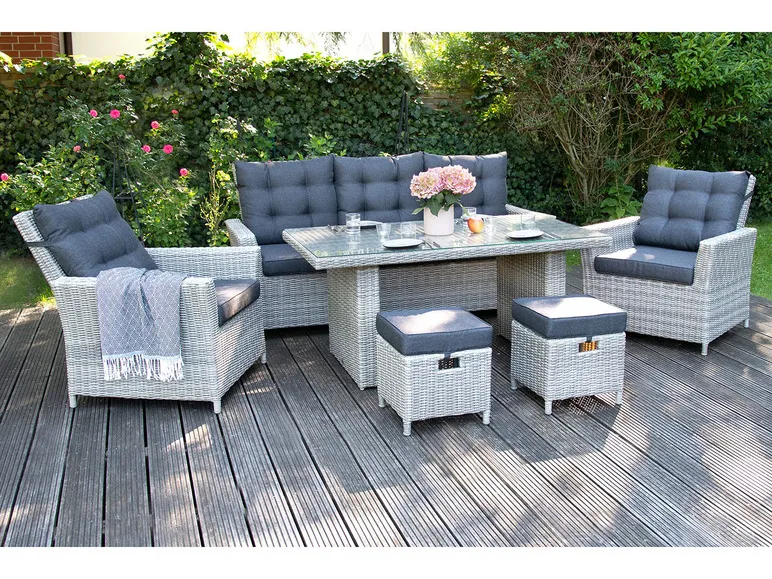 Bellavista Alu-Luxus Asti 6-teilig – Garten-Lounge Set: 3-Sitzer Sofa, 2 Sessel, 2 Hocker, Tisch, verstellbare Rückenlehne