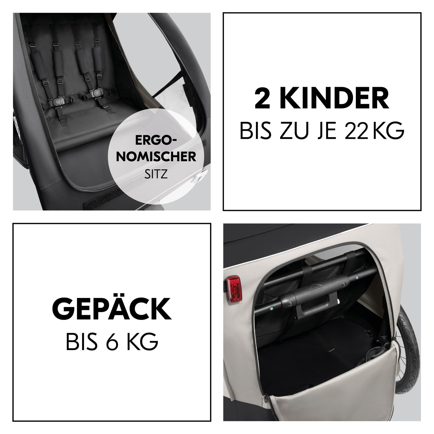 hauck Dryk Duo Plus – 2-in-1 Fahrradanhänger & Kinderwagen für 2 Kinder, mit Federung, LED & XL-Kofferraum