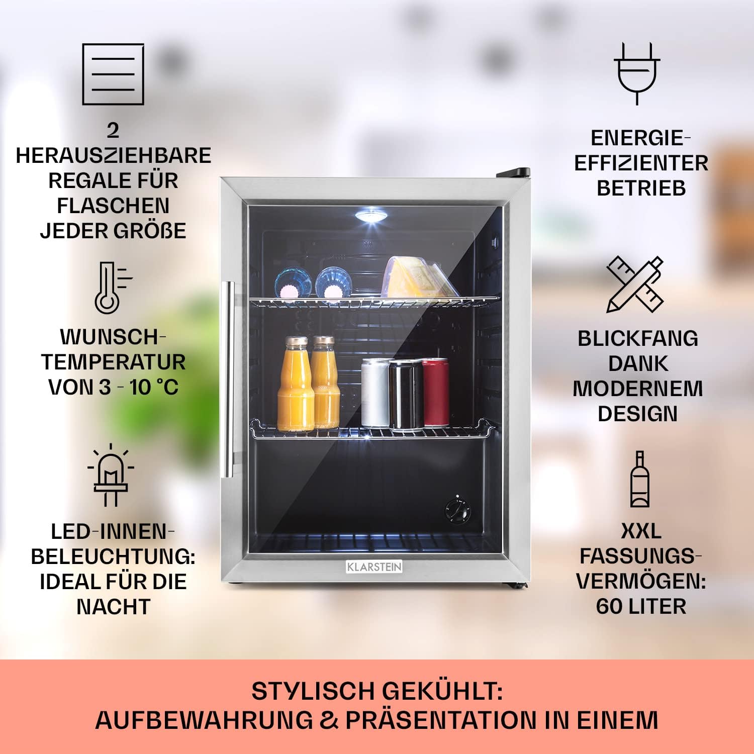 Klarstein Mini-Kühlschrank 80 L mit Glastür – Leise, Energieeffizient, Ideal für Getränke, Party & Camping