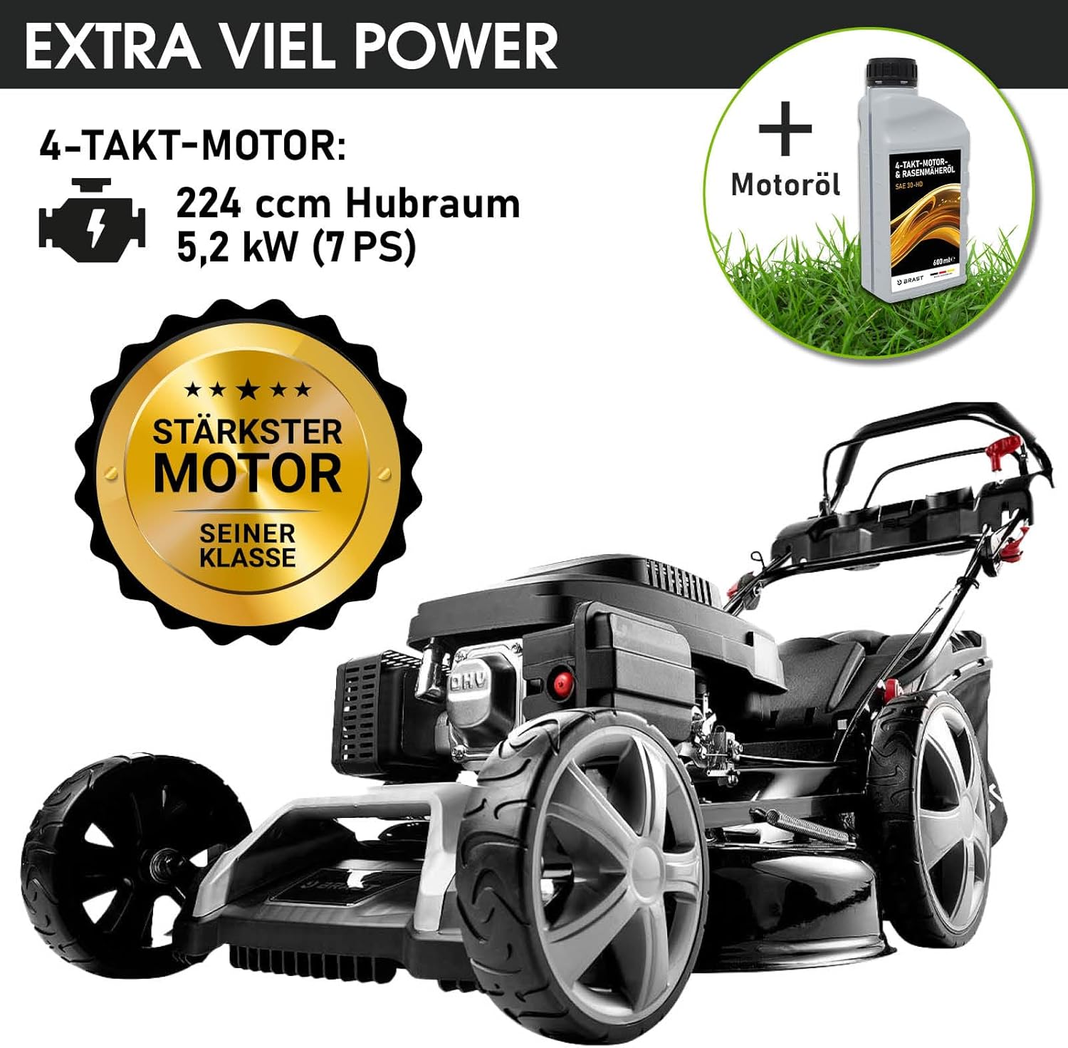 BRAST Benzin-Rasenmäher 5,2 kW – 55 cm Schnittbreite, 4 in 1, 60 L Grasfangkorb, Höhenverstellbar, Stahlgehäuse