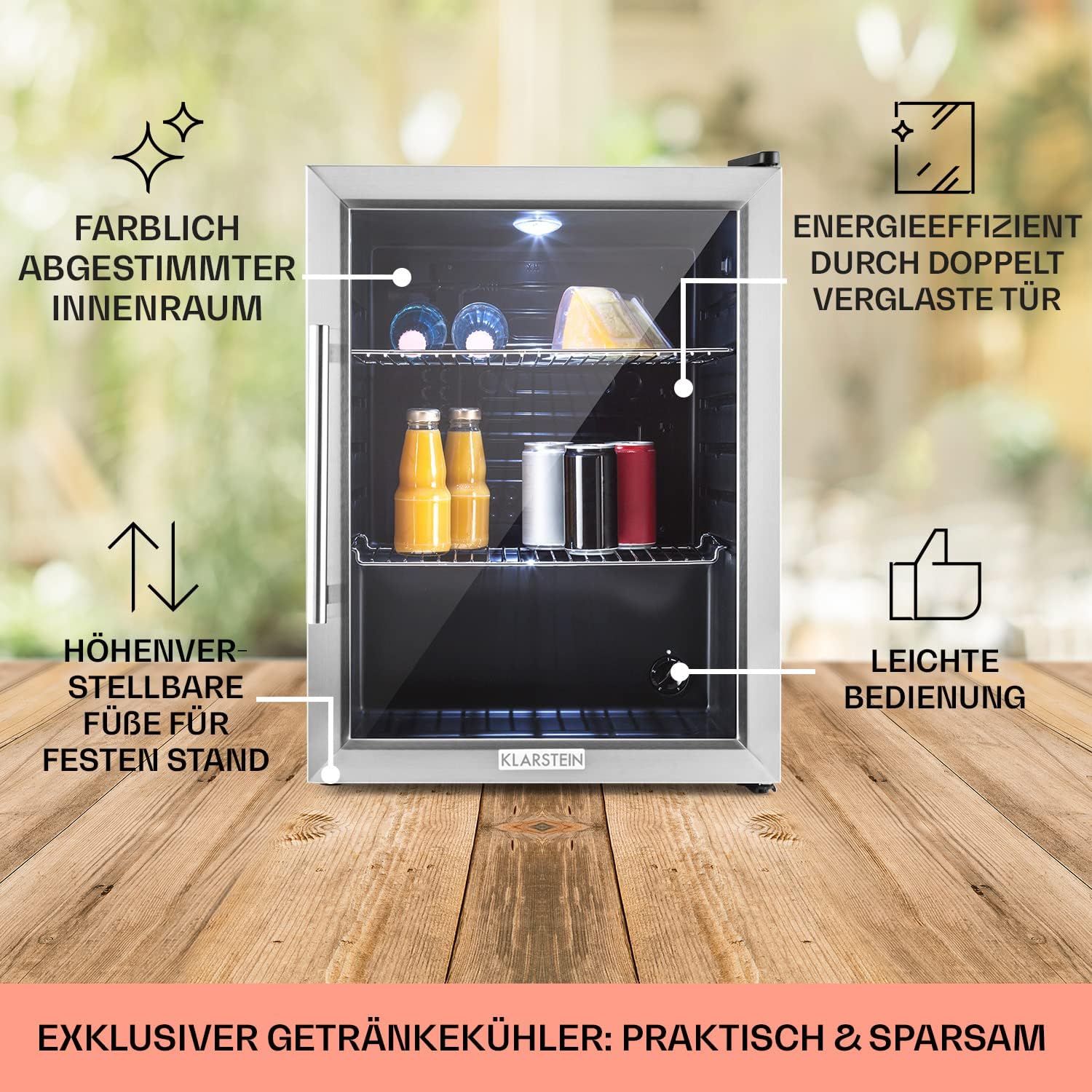 Klarstein Mini-Kühlschrank 80 L mit Glastür – Leise, Energieeffizient, Ideal für Getränke, Party & Camping