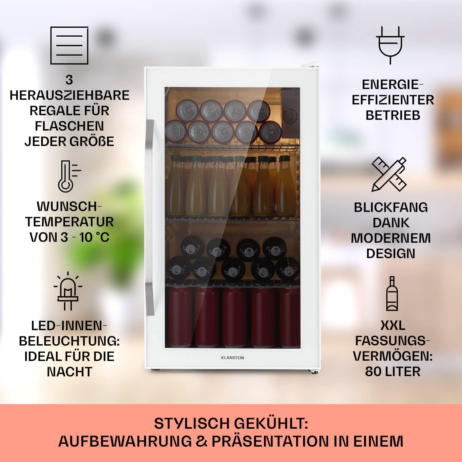 Klarstein Mini-Kühlschrank 80 L mit Glastür – Leise, Energieeffizient, Ideal für Getränke, Party & Camping